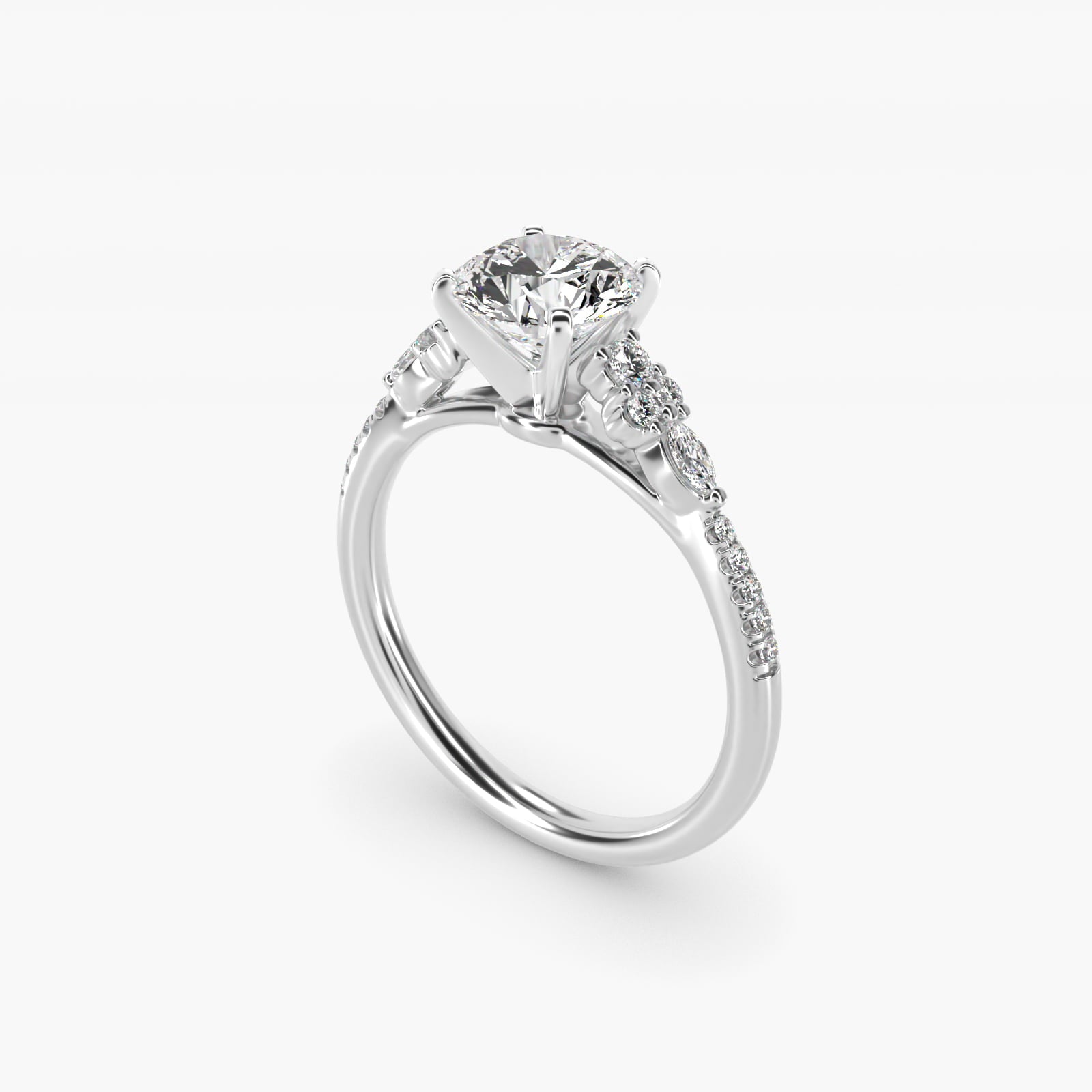Petite Marquise and Round Diamond Engagement Ring in 14k White Gold - Round Center