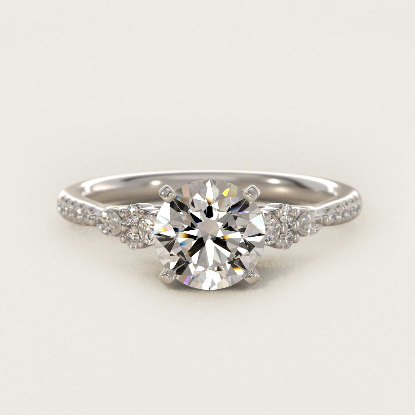Petite Marquise and Round Diamond Engagement Ring in 14k White Gold - Round Center