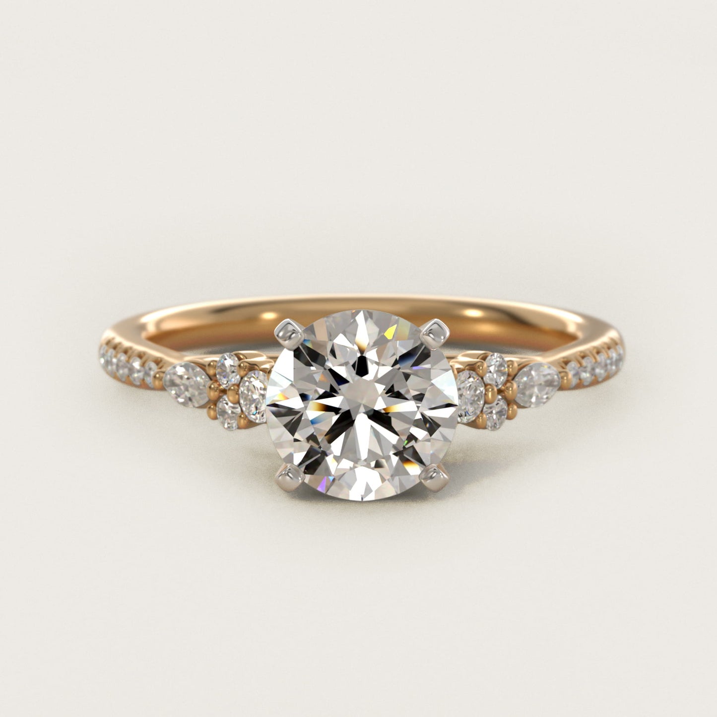 Petite Marquise and Round Diamond Engagement Ring in 14k Yellow Gold - Round Center