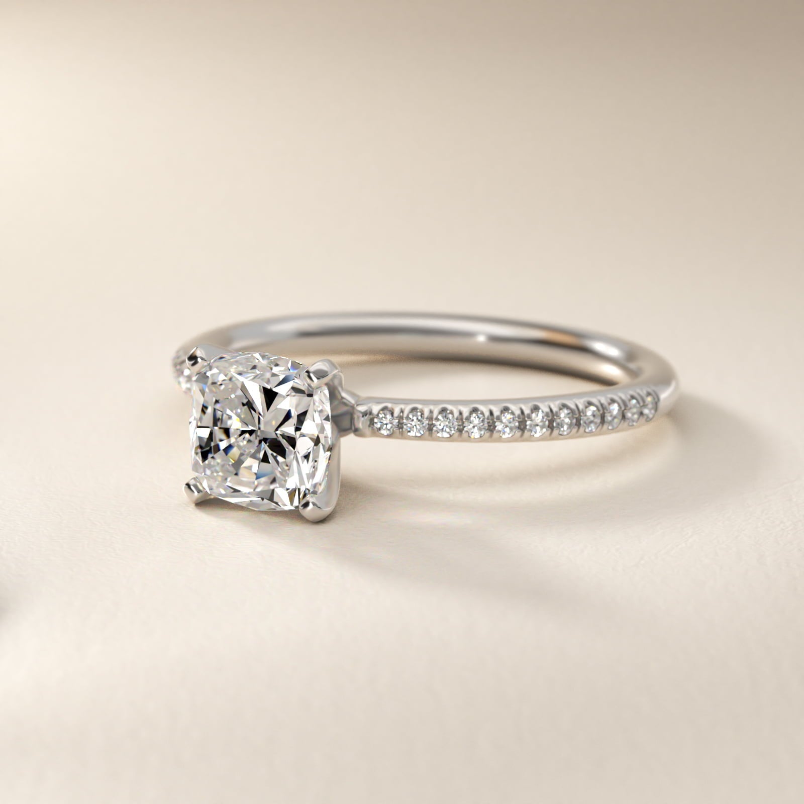 Petite MicropavŽ Diamond Engagement Ring in 18k White Gold (1/10 ct. tw.) - Cushion Center