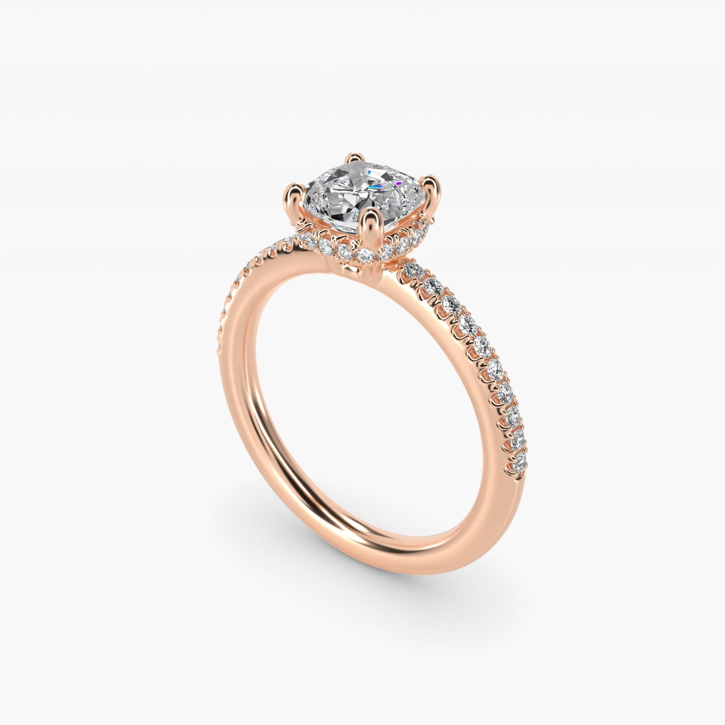 Petite MicropavŽ Hidden Halo Engagement Ring in 18k Rose Gold (1/5 ct. tw.) - Cushion Center
