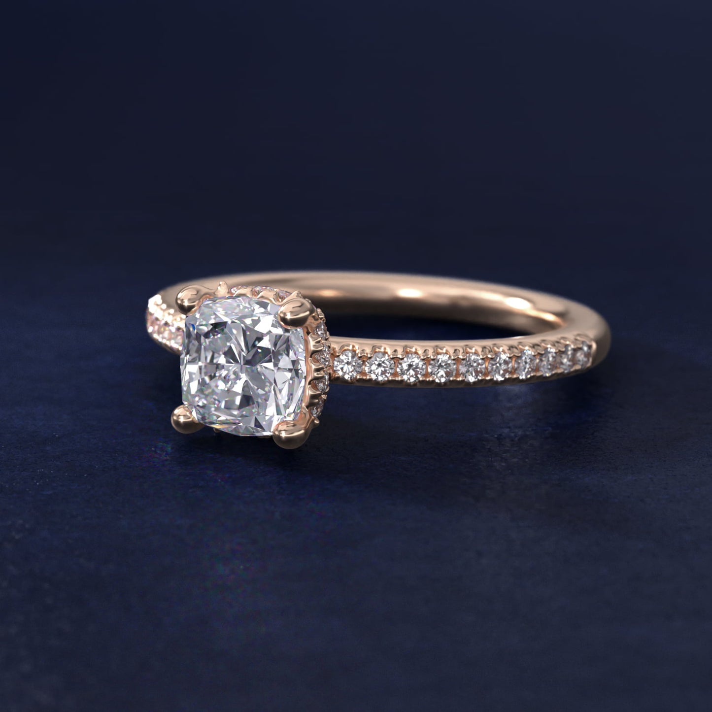 Petite MicropavŽ Hidden Halo Engagement Ring in 18k Rose Gold (1/5 ct. tw.) - Cushion Center