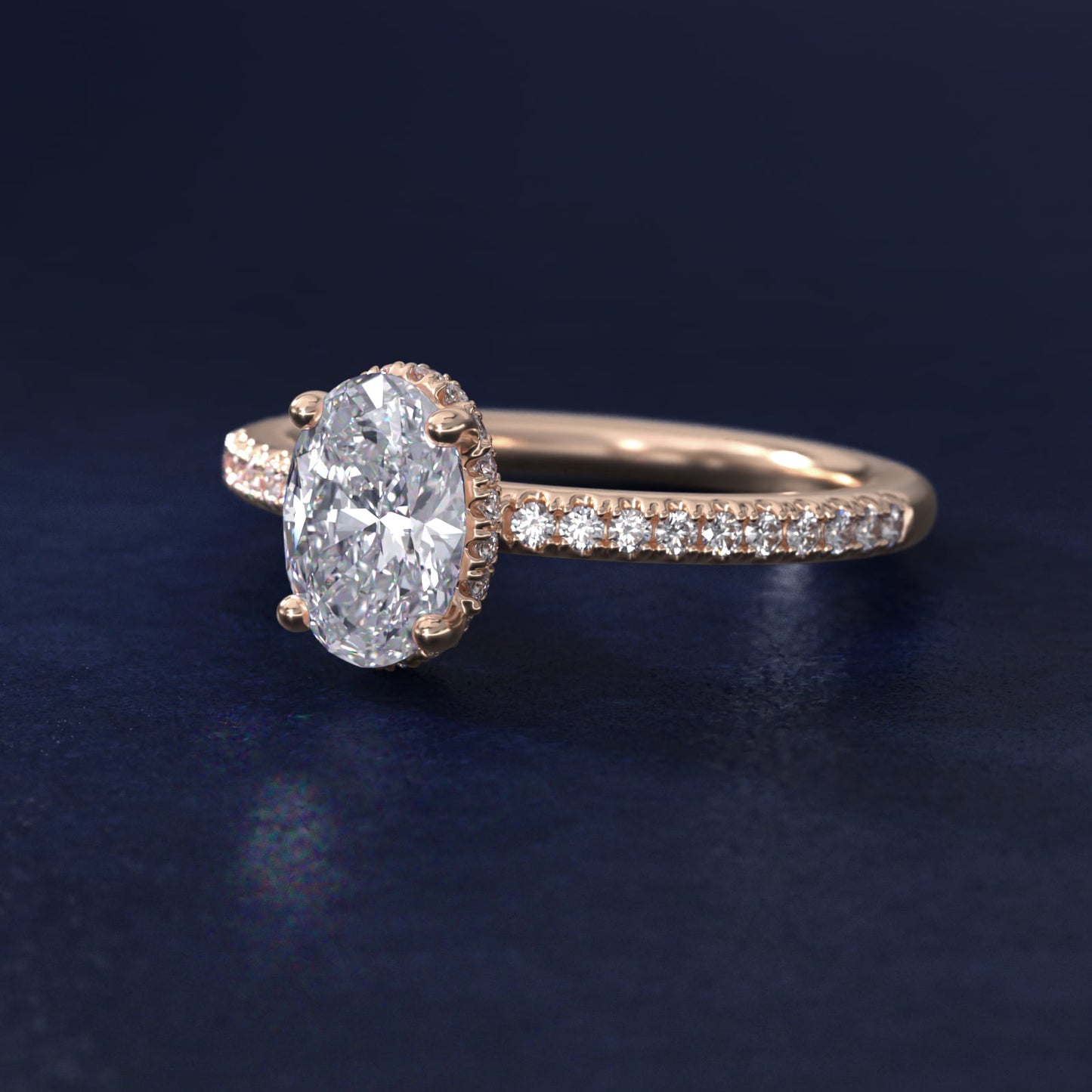 Petite MicropavŽ Hidden Halo Engagement Ring in 14k Rose Gold (1/5 ct. tw.) - Oval Center