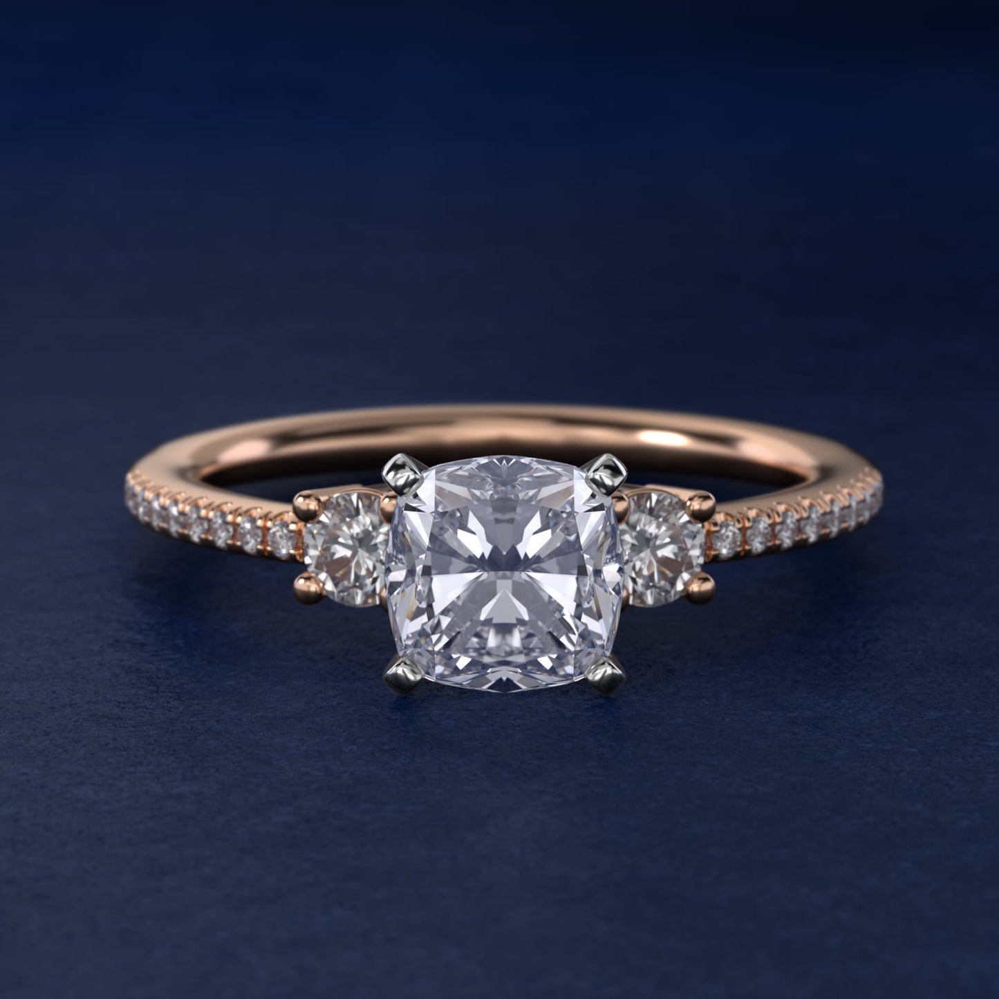 Petite MicropavŽ Trio Diamond Engagement Ring in 14k Rose Gold (1/5 ct. tw.) - Cushion Center