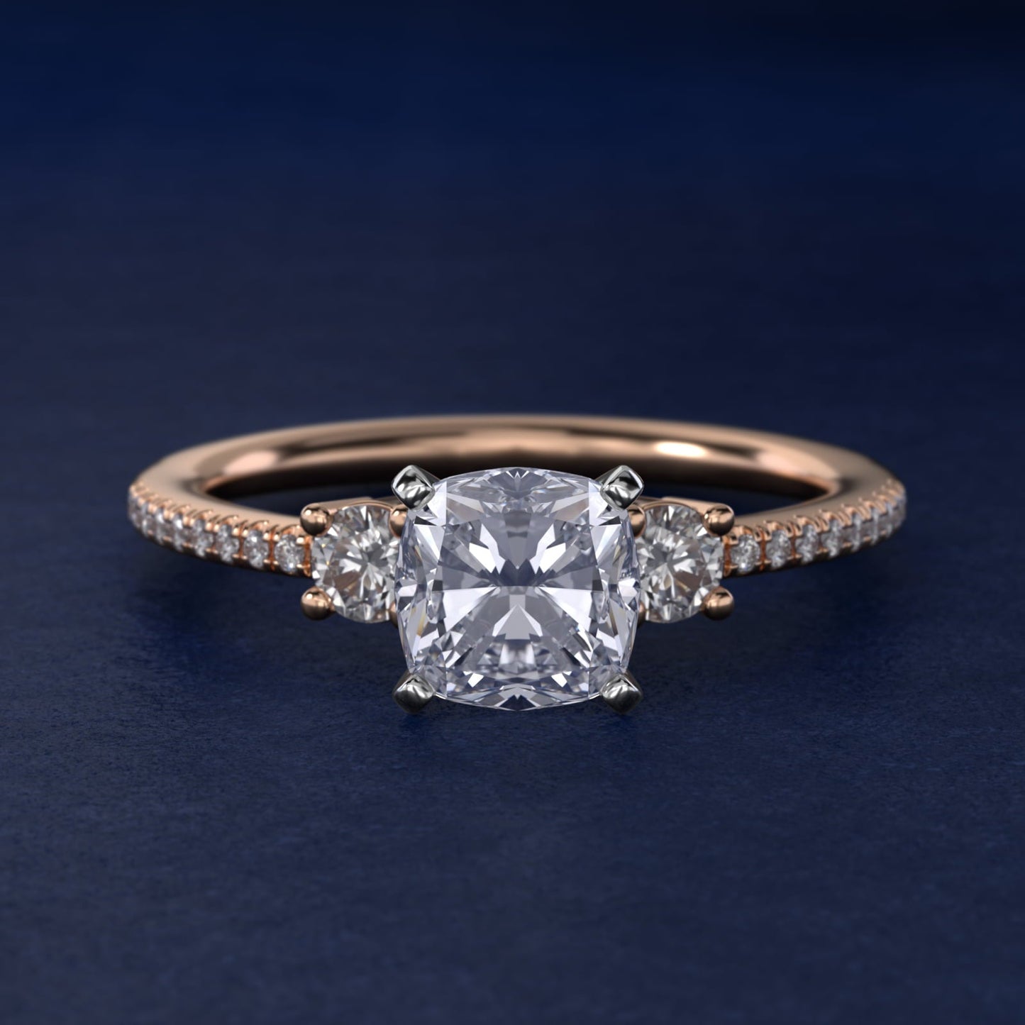 Petite Micropav? Trio Diamond Engagement Ring in 18k Rose Gold (1/5 ct. tw.) - Cushion Center