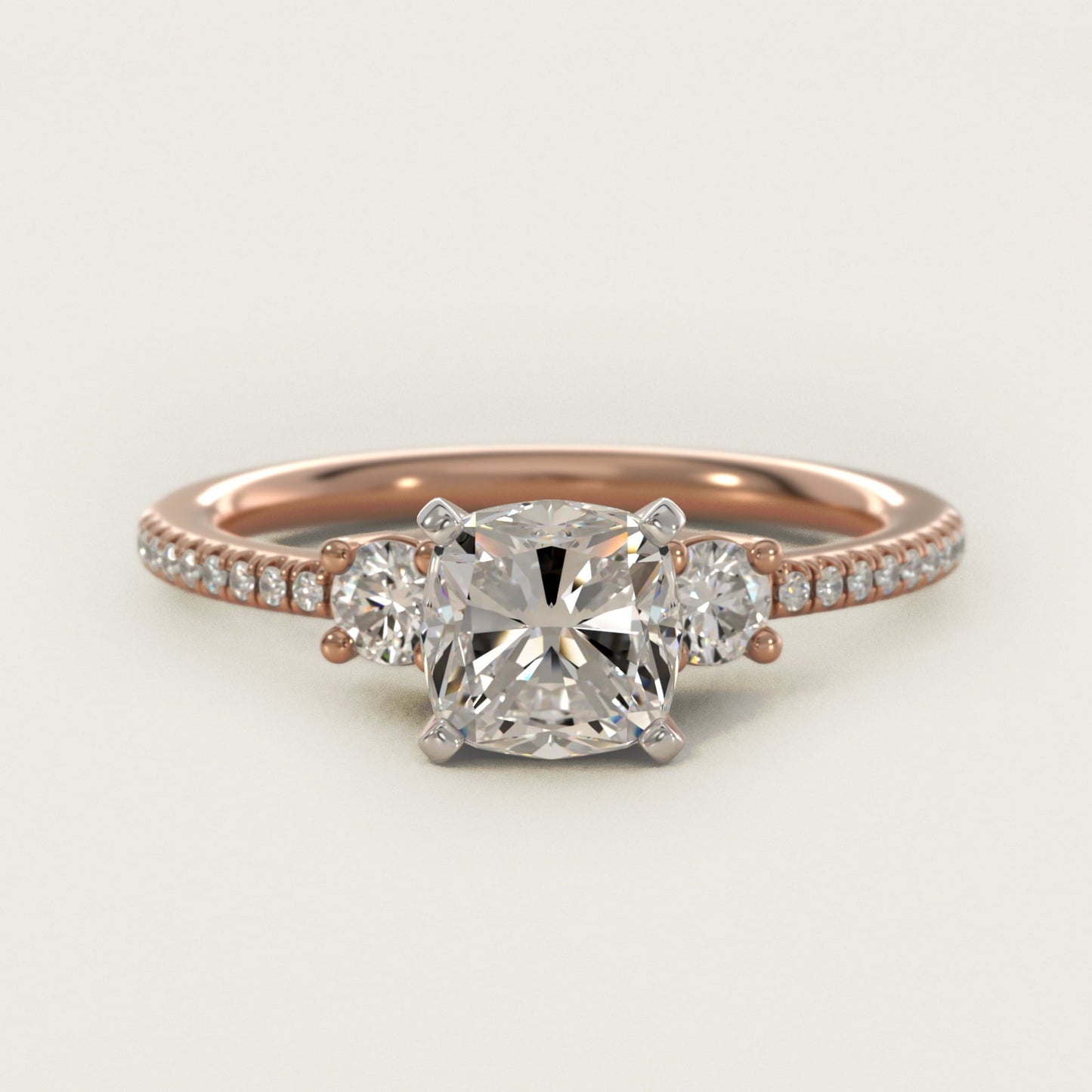 Petite Micropav? Trio Diamond Engagement Ring in 18k Rose Gold (1/5 ct. tw.) - Cushion Center