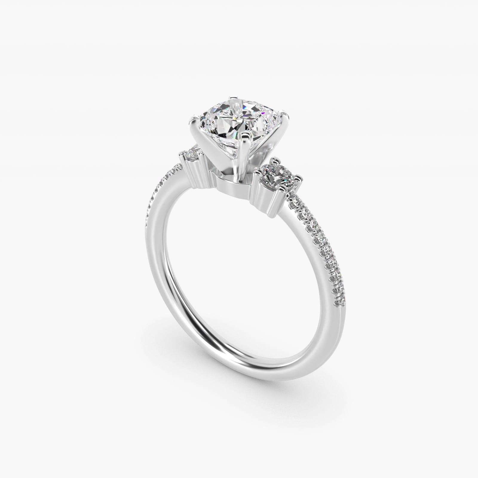 Petite Micropav? Trio Diamond Engagement Ring in 18k White Gold (1/5 ct. tw.) - Cushion Center