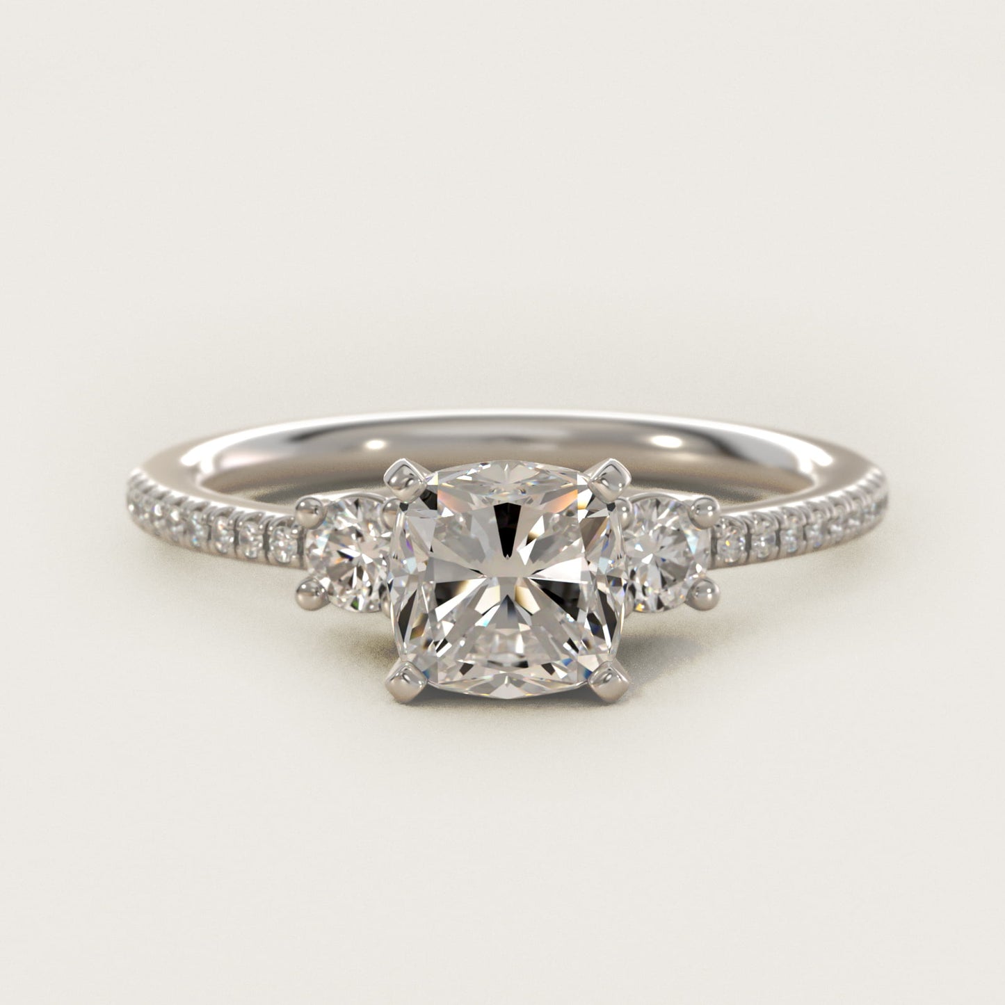 Petite MicropavŽ Trio Diamond Engagement Ring in 14k White Gold (1/5 ct. tw.) - Cushion Center