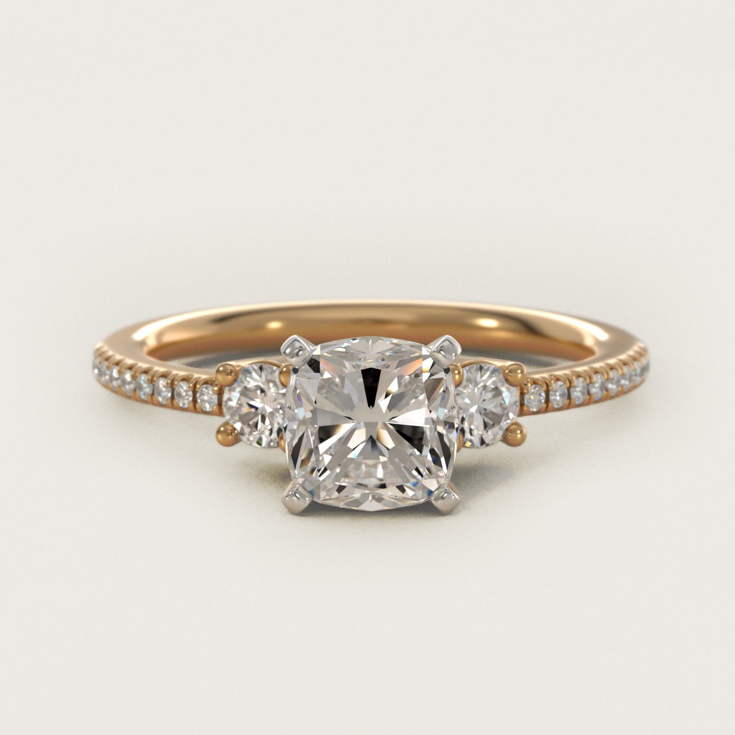 Petite MicropavŽ Trio Diamond Engagement Ring in 14K Yellow Gold (1/5 ct. tw.) - Cushion Center