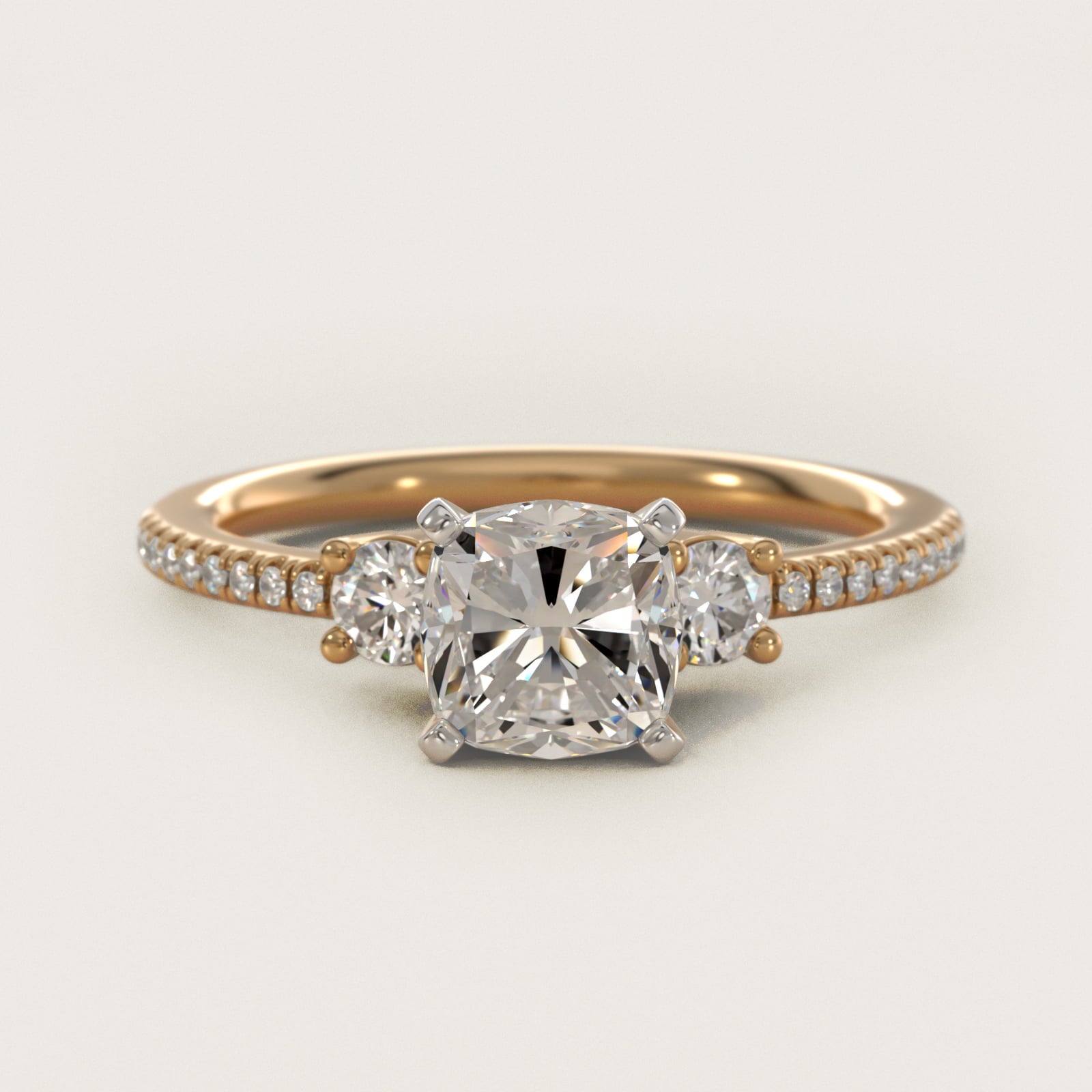 Petite MicropavŽ Trio Diamond Engagement Ring in 14K Yellow Gold (1/5 ct. tw.) - Cushion Center