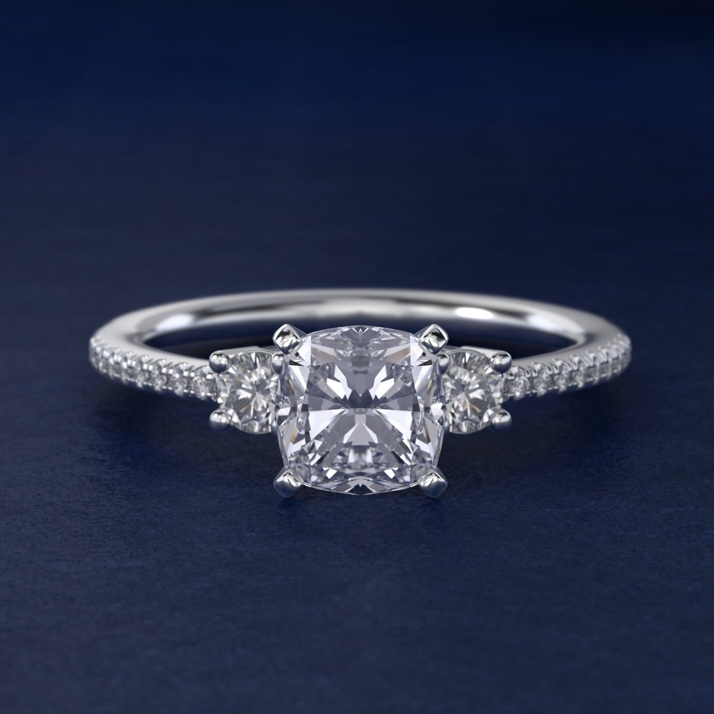 Petite Micropav? Trio Diamond Engagement Ring in Platinum (1/5 ct. tw.) - Cushion Center