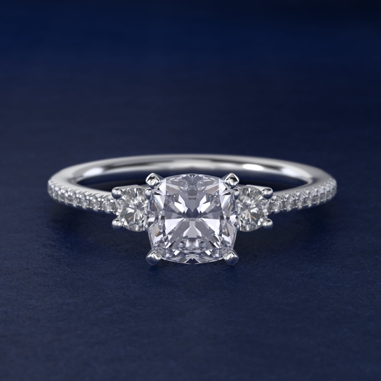Petite Micropav? Trio Diamond Engagement Ring in Platinum (1/5 ct. tw.) - Cushion Center