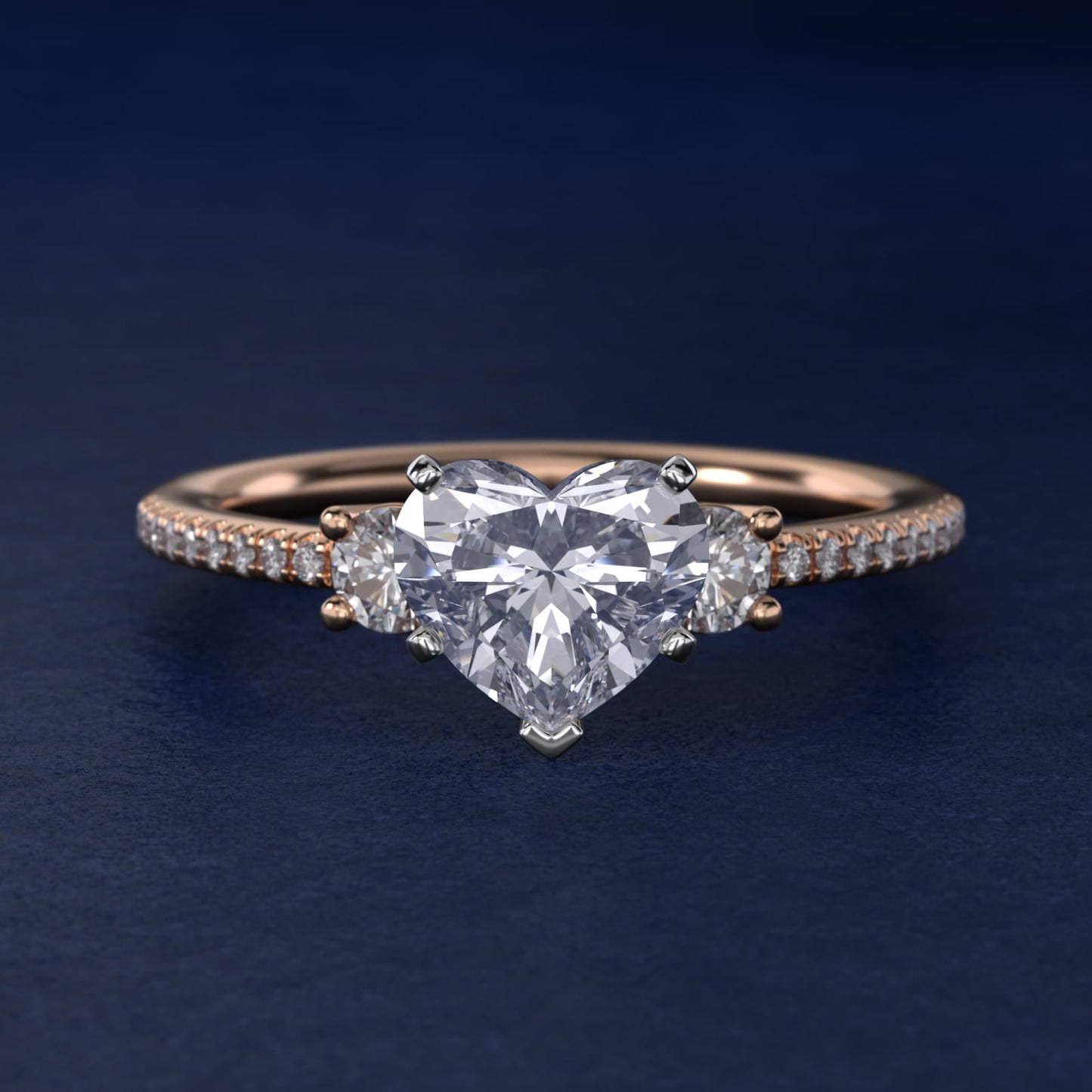 Petite MicropavŽ Trio Diamond Engagement Ring in 14k Rose Gold (1/5 ct. tw.) - Heart Center