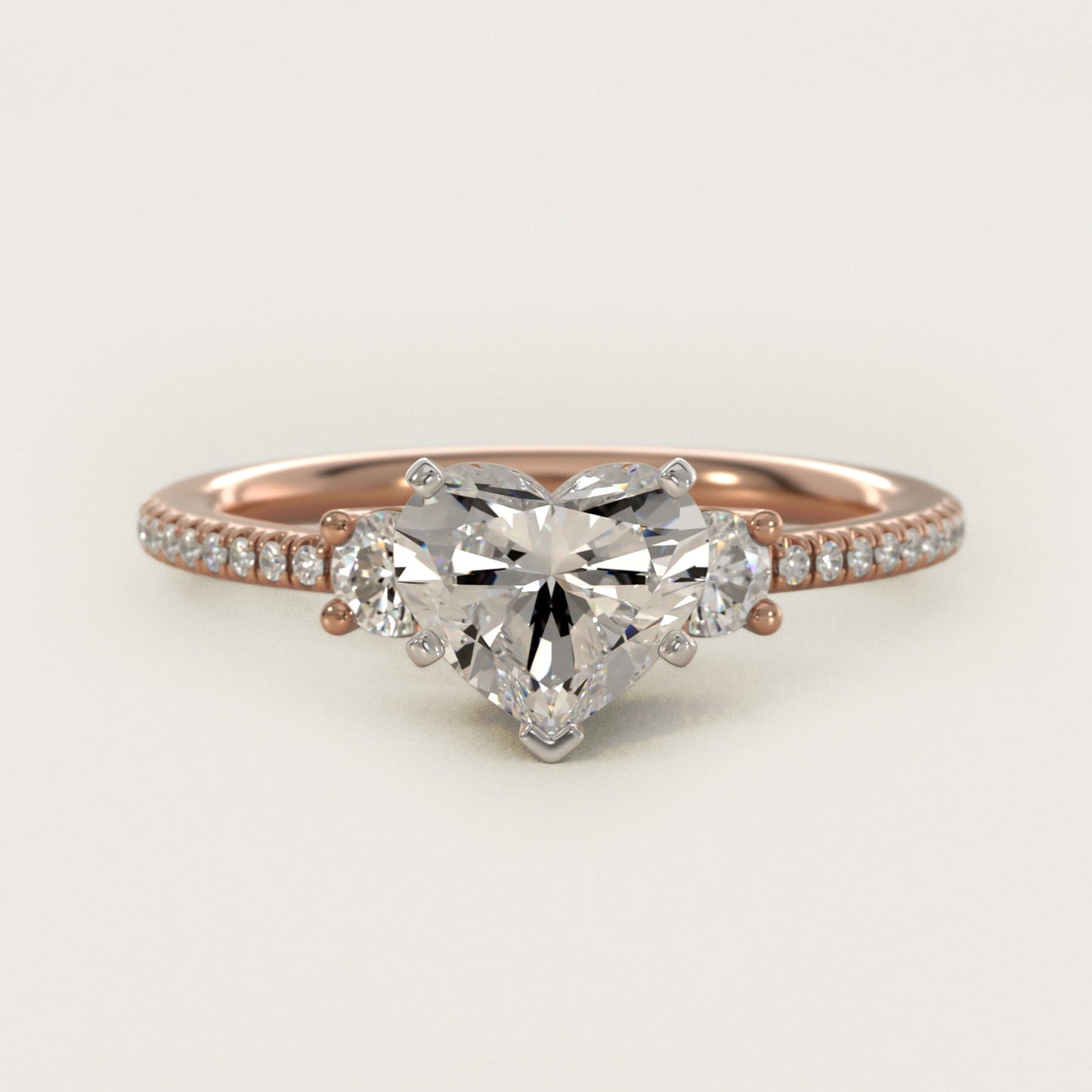 Petite MicropavŽ Trio Diamond Engagement Ring in 14k Rose Gold (1/5 ct. tw.) - Heart Center
