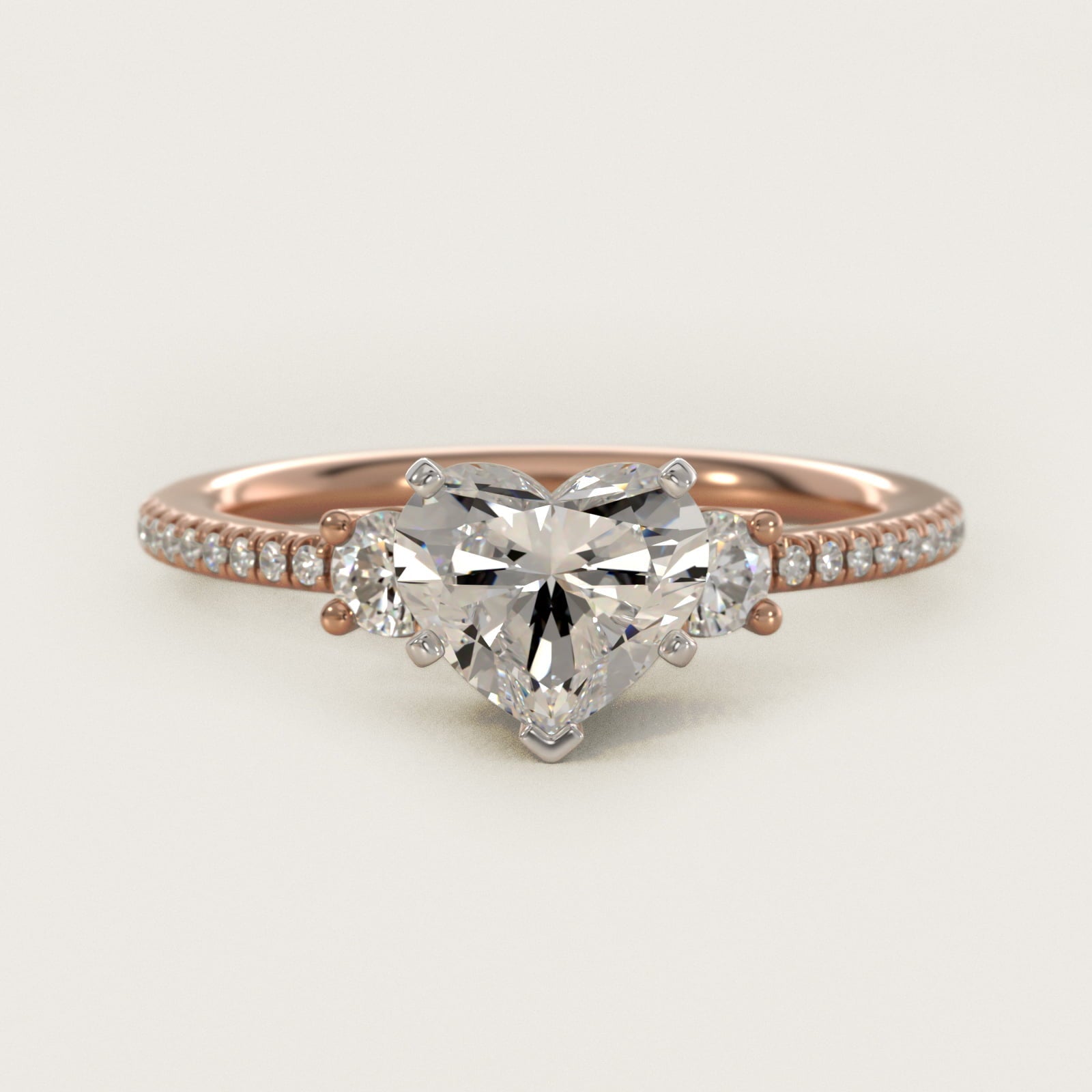 Petite Micropav? Trio Diamond Engagement Ring in 18k Rose Gold (1/5 ct. tw.) - Heart Center
