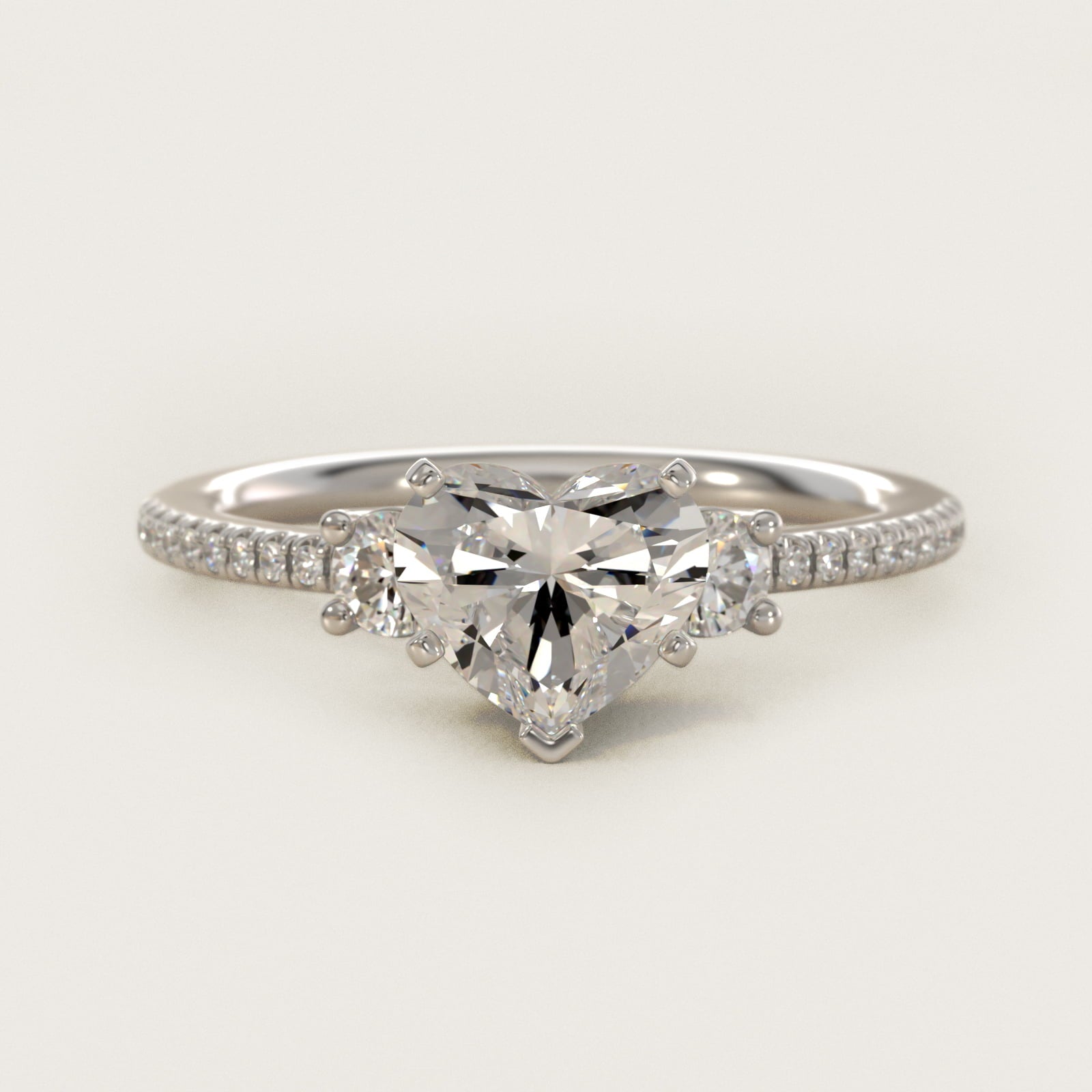 Petite MicropavŽ Trio Diamond Engagement Ring in 14k White Gold (1/5 ct. tw.) - Heart Center