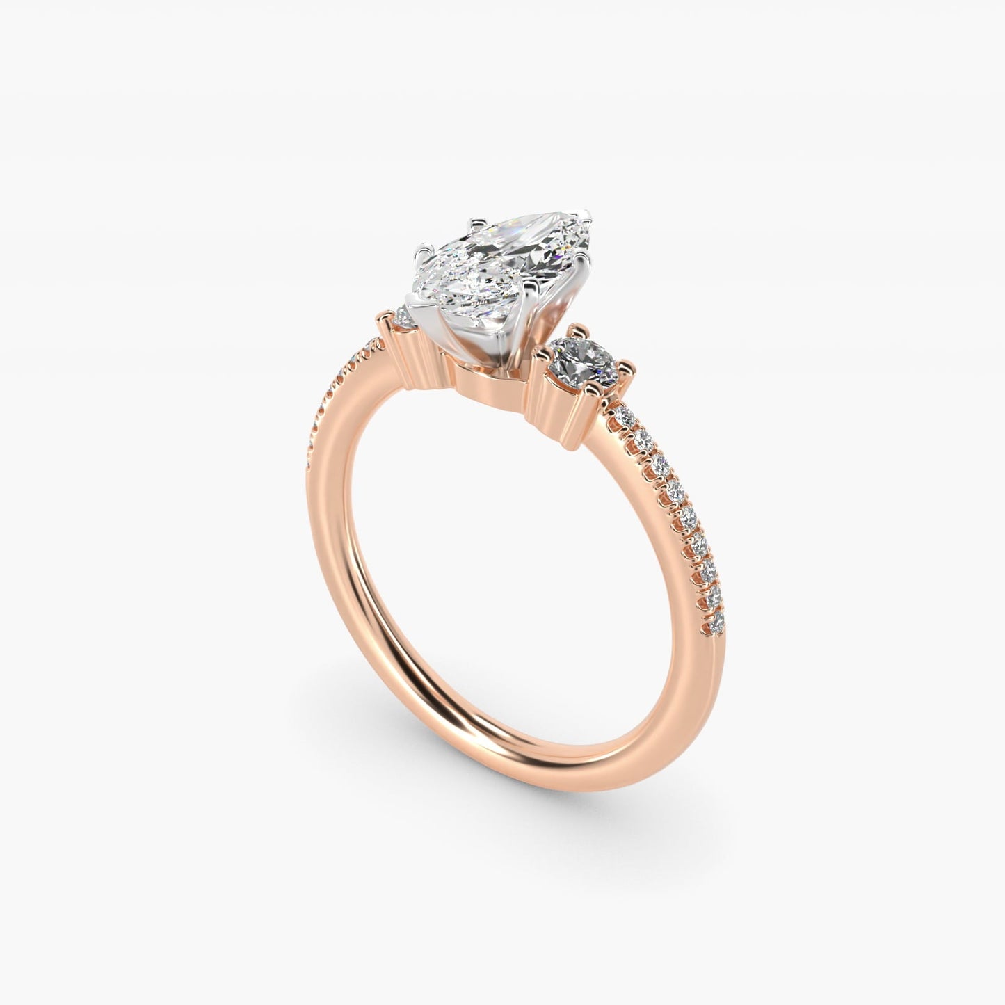 Petite Micropav? Trio Diamond Engagement Ring in 18k Rose Gold (1/5 ct. tw.) - Marquise Center