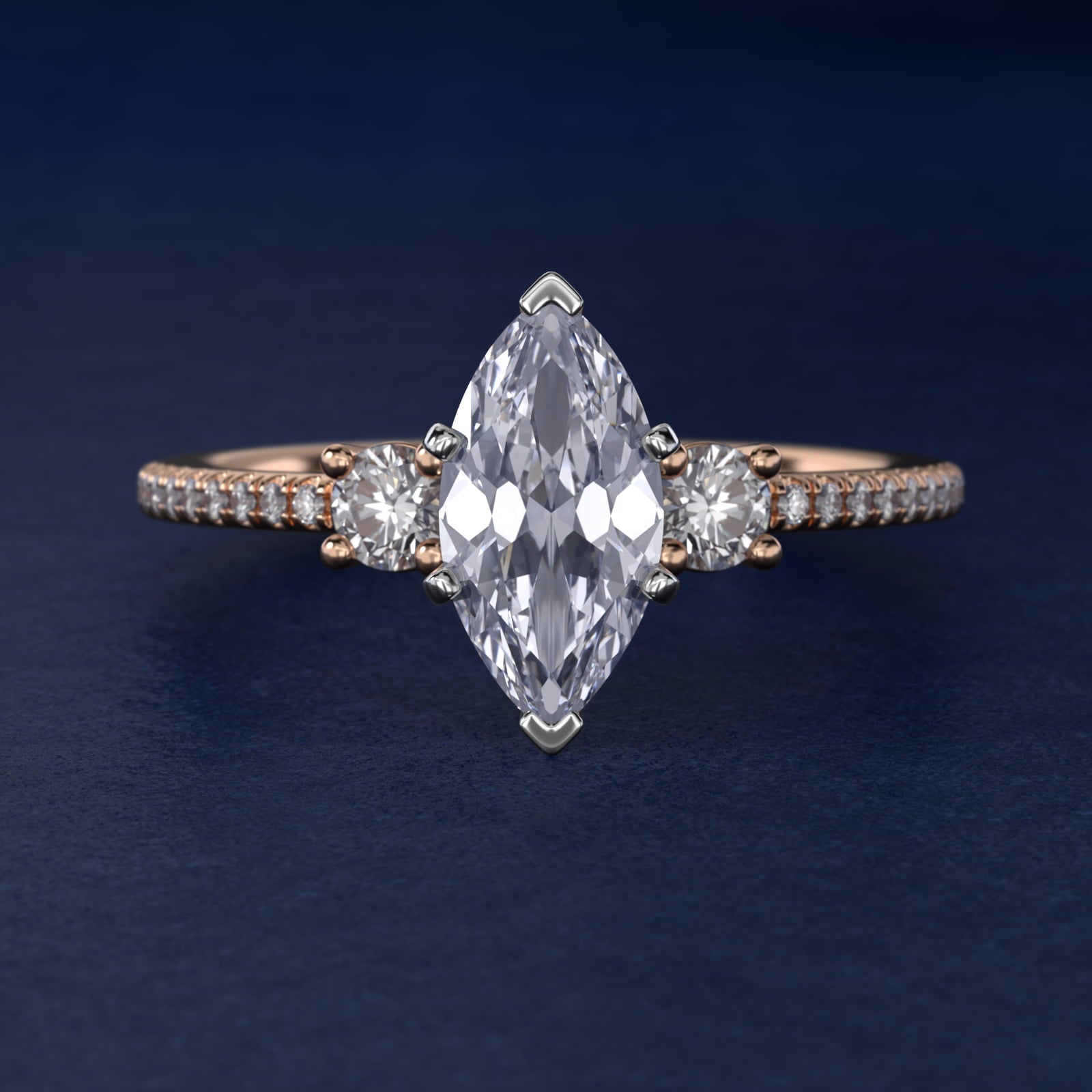 Petite Micropav? Trio Diamond Engagement Ring in 18k Rose Gold (1/5 ct. tw.) - Marquise Center