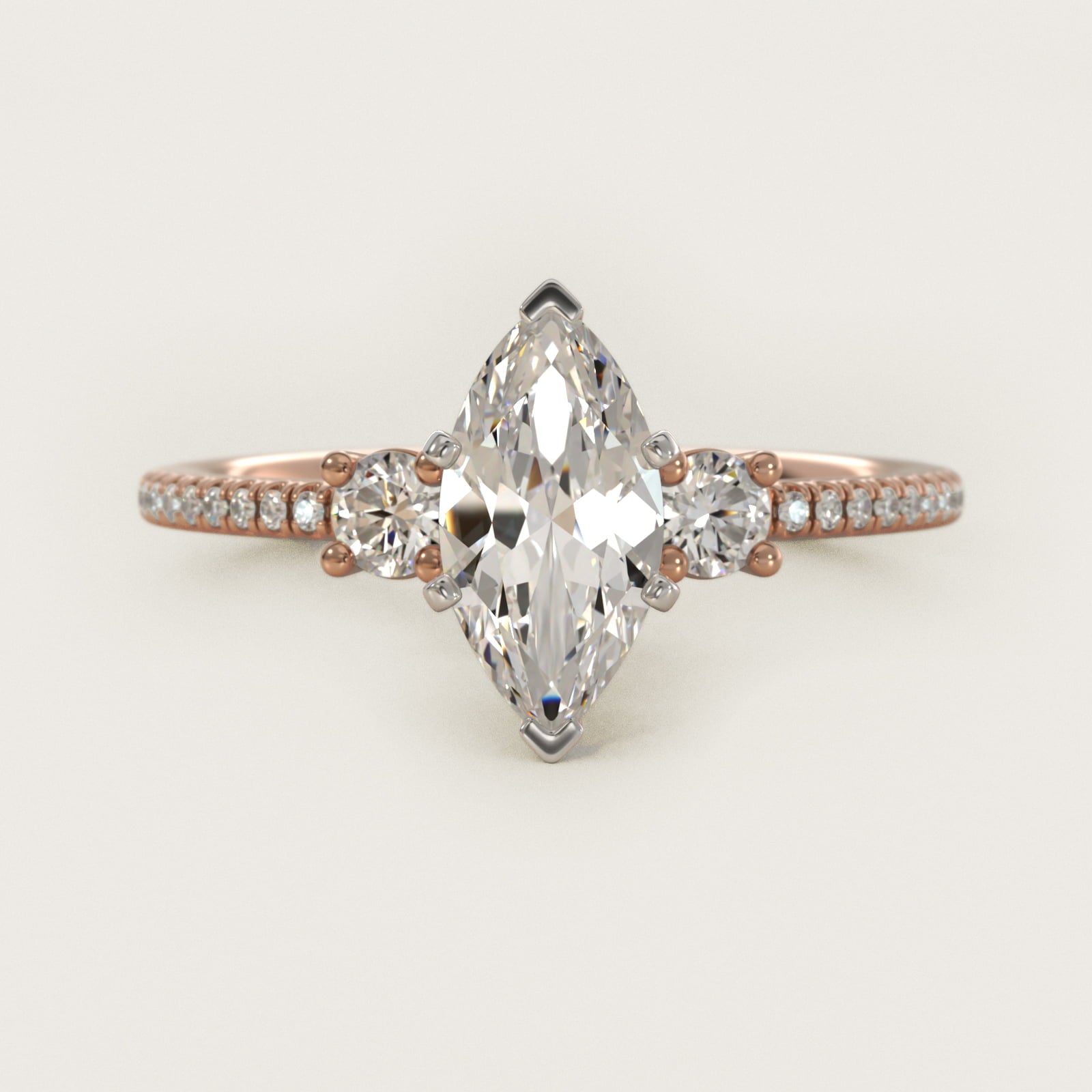 Petite MicropavŽ Trio Diamond Engagement Ring in 14k Rose Gold (1/5 ct. tw.) - Marquise Center