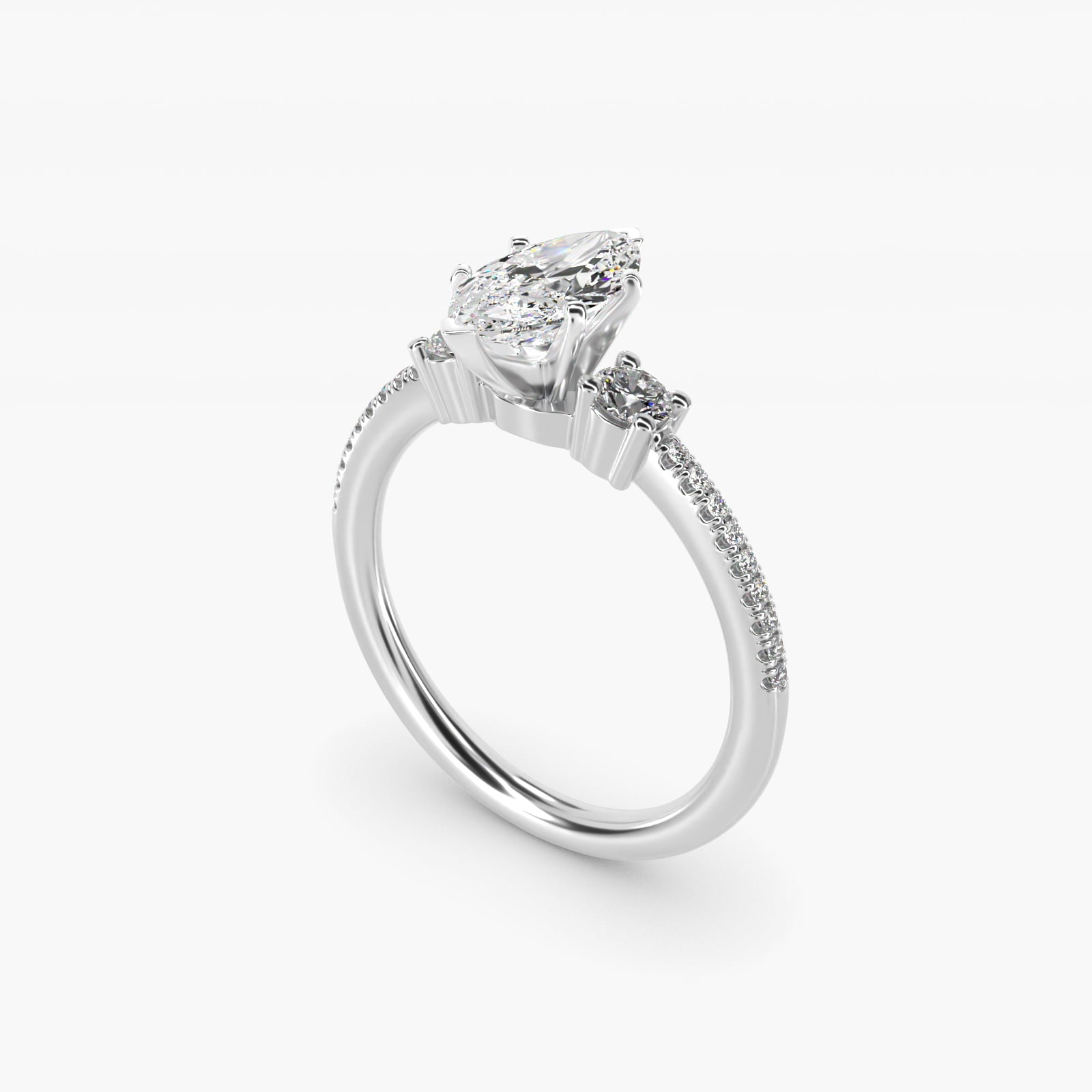 Petite MicropavŽ Trio Diamond Engagement Ring in 14k White Gold (1/5 ct. tw.) - Marquise Center