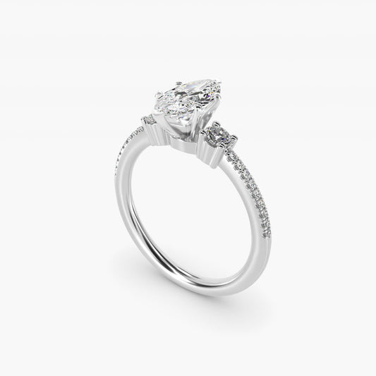 Petite Micropav? Trio Diamond Engagement Ring in 18k White Gold (1/5 ct. tw.) - Marquise Center