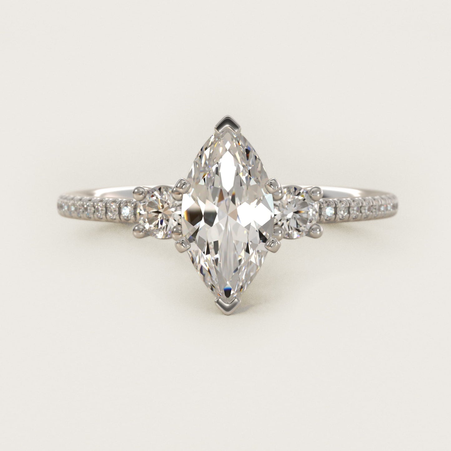 Petite MicropavŽ Trio Diamond Engagement Ring in 14k White Gold (1/5 ct. tw.) - Marquise Center