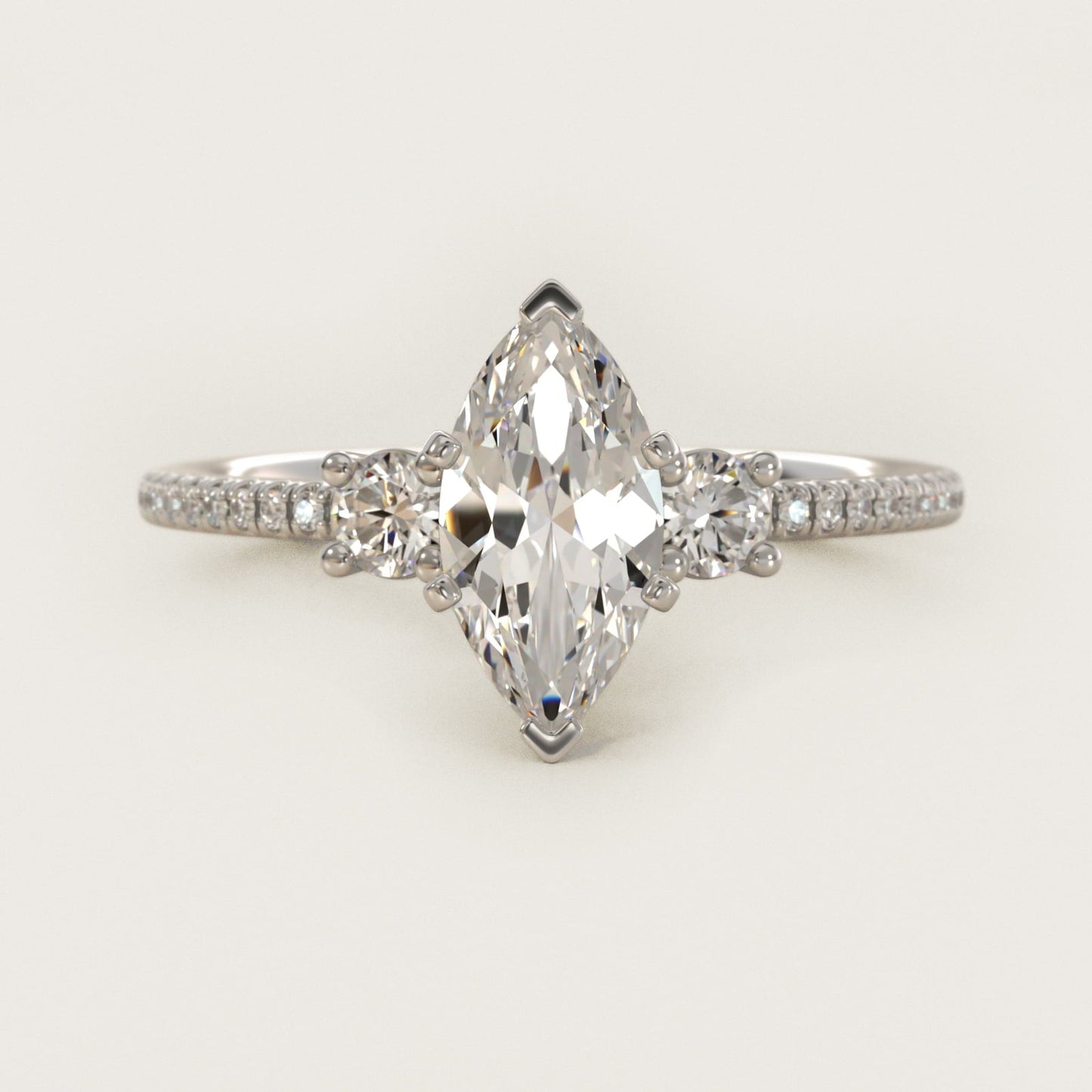 Petite Micropav? Trio Diamond Engagement Ring in 18k White Gold (1/5 ct. tw.) - Marquise Center