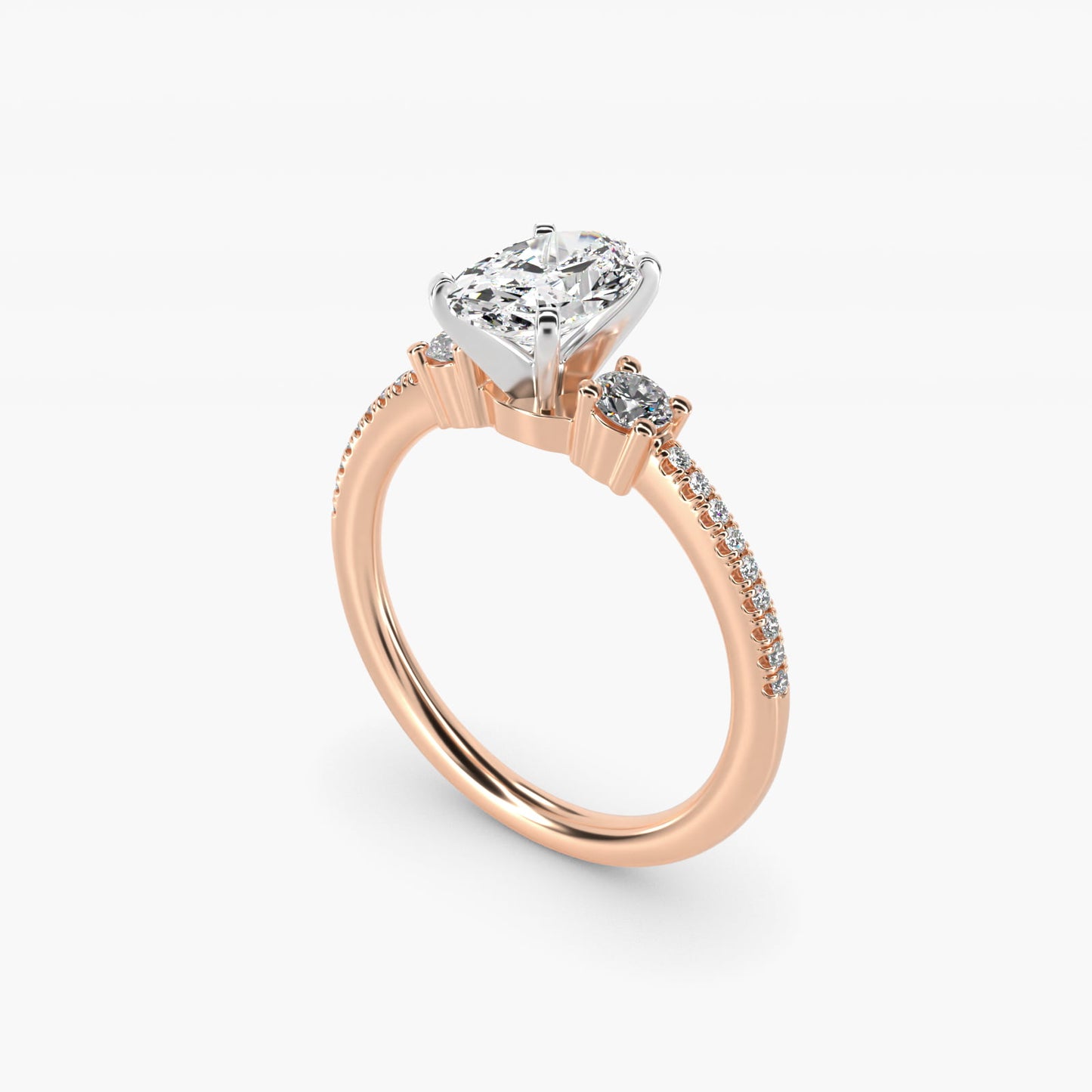 Petite MicropavŽ Trio Diamond Engagement Ring in 14k Rose Gold (1/5 ct. tw.) - Oval Center
