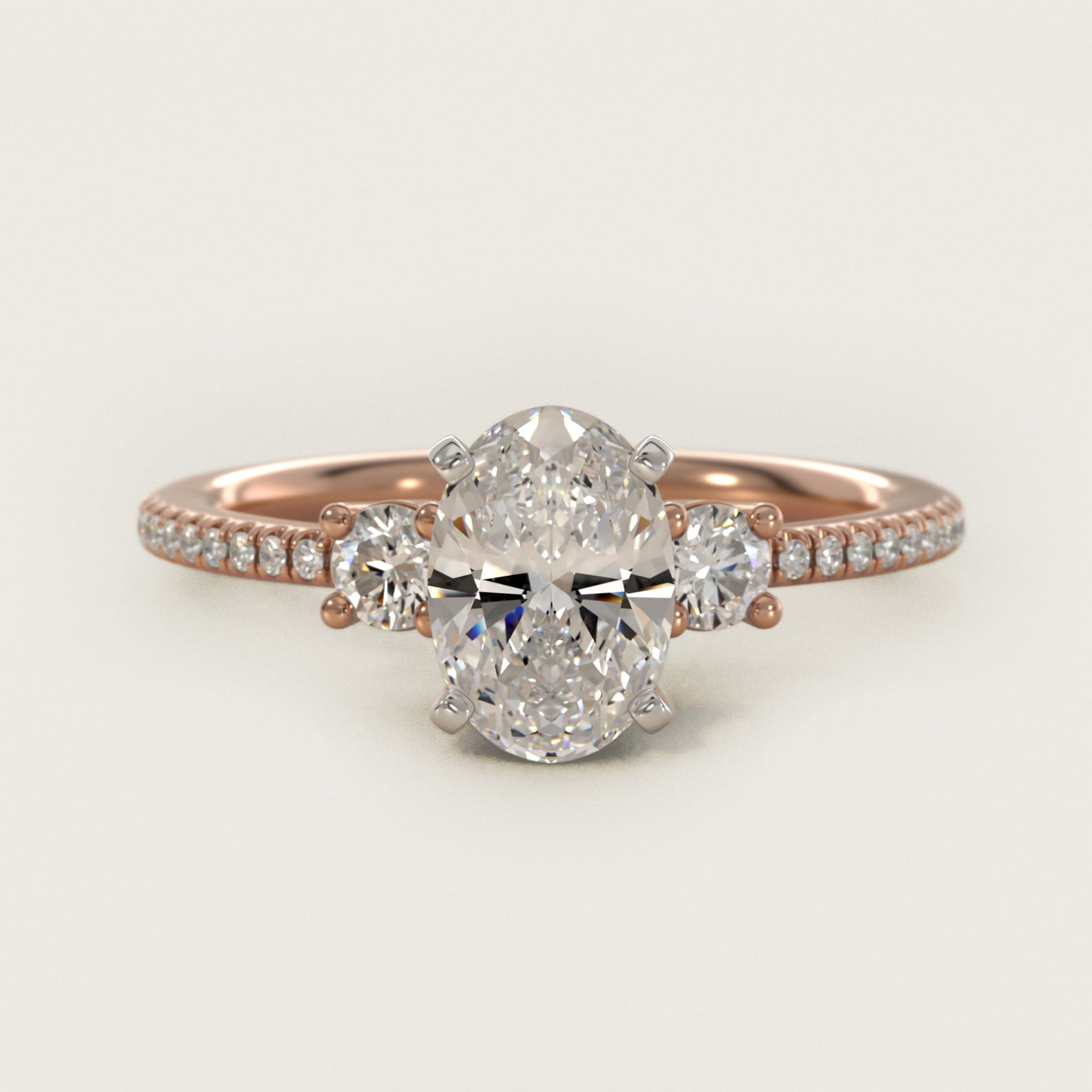 Petite MicropavŽ Trio Diamond Engagement Ring in 14k Rose Gold (1/5 ct. tw.) - Oval Center