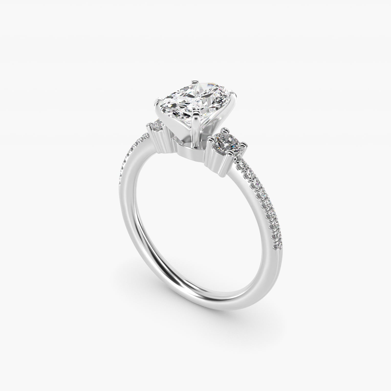 Petite MicropavŽ Trio Diamond Engagement Ring in 14k White Gold (1/5 ct. tw.) - Oval Center