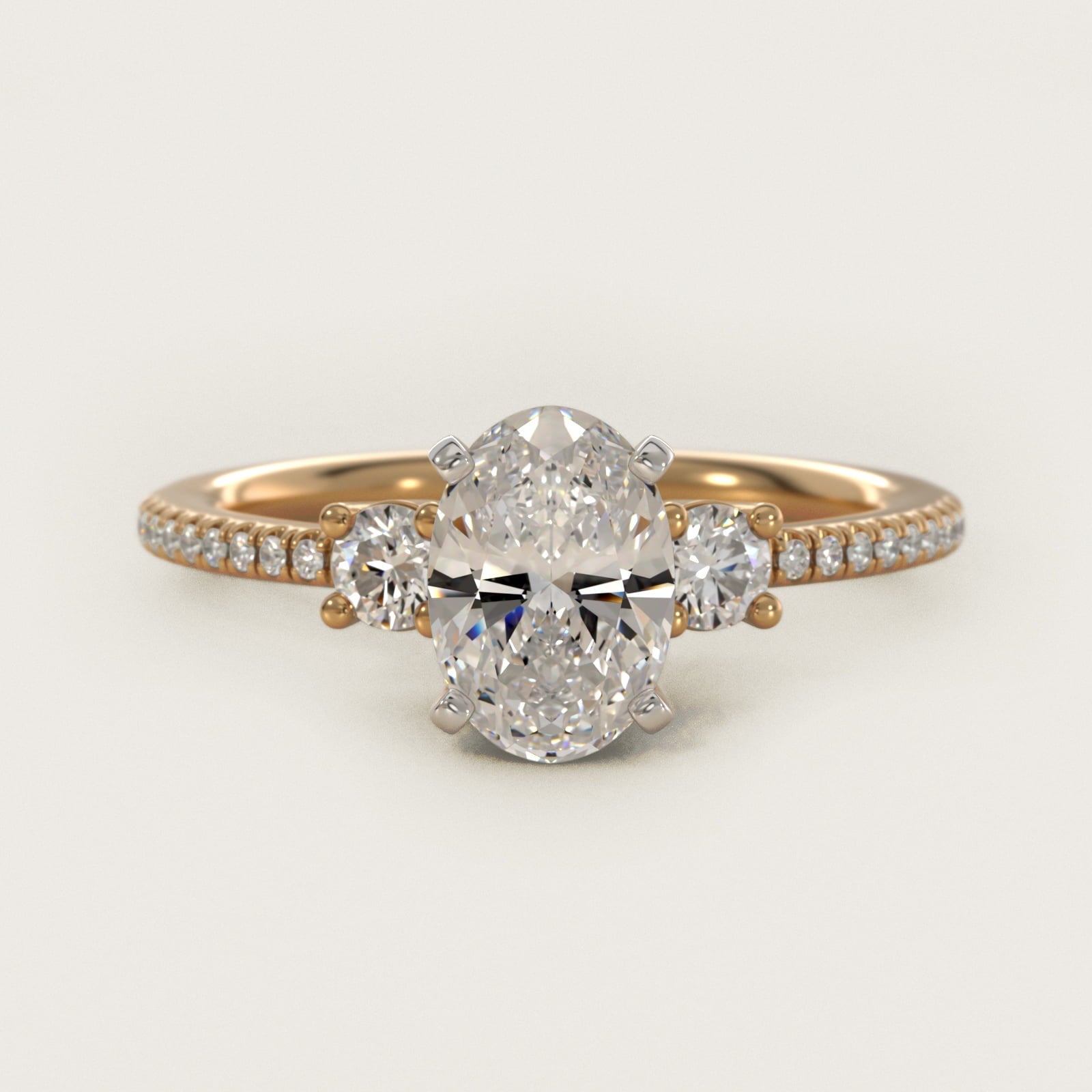 Petite Micropav? Trio Diamond Engagement Ring in 18k Yellow Gold (1/5 ct. tw.) - Oval Center