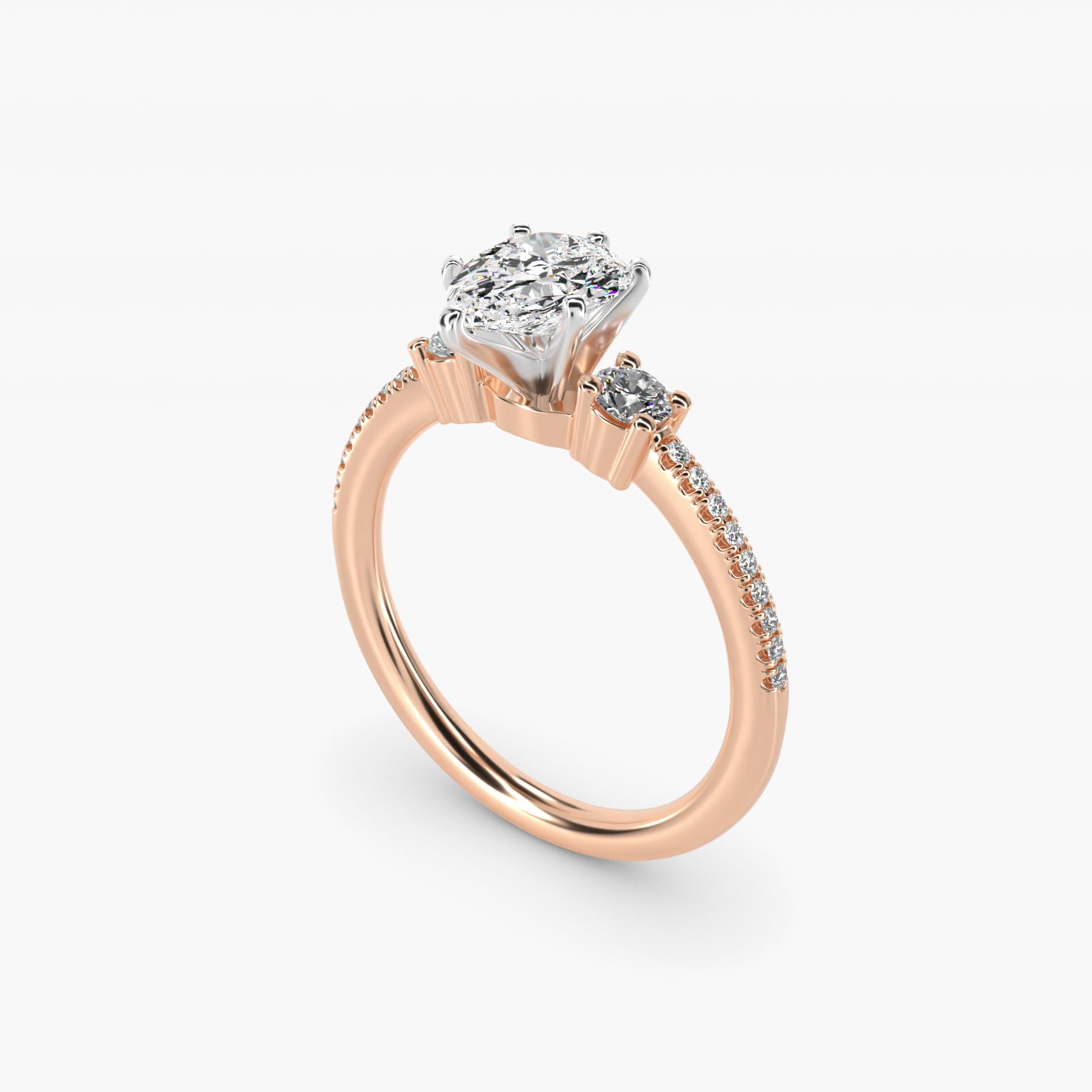 Petite MicropavŽ Trio Diamond Engagement Ring in 14k Rose Gold (1/5 ct. tw.) - Pear Center