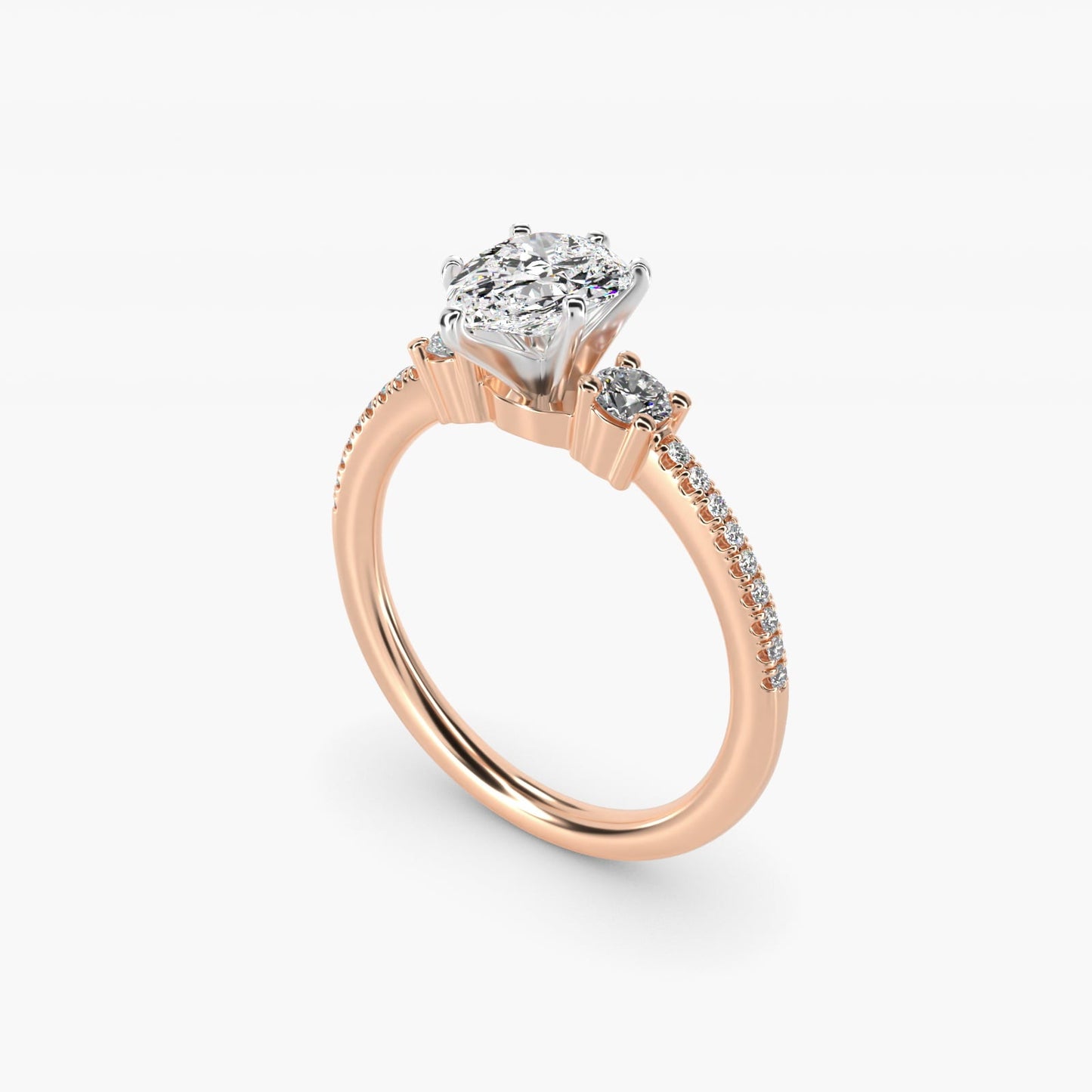 Petite Micropav? Trio Diamond Engagement Ring in 18k Rose Gold (1/5 ct. tw.) - Pear Center