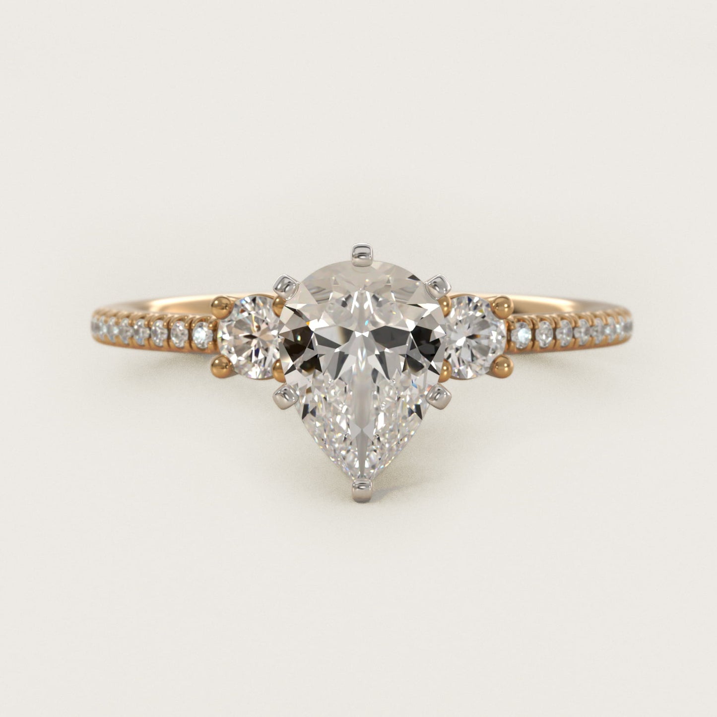 Petite MicropavŽ Trio Diamond Engagement Ring in 14K Yellow Gold (1/5 ct. tw.) - Pear Center
