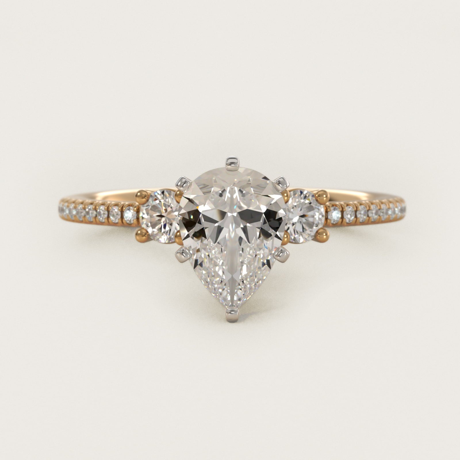 Petite MicropavŽ Trio Diamond Engagement Ring in 14K Yellow Gold (1/5 ct. tw.) - Pear Center