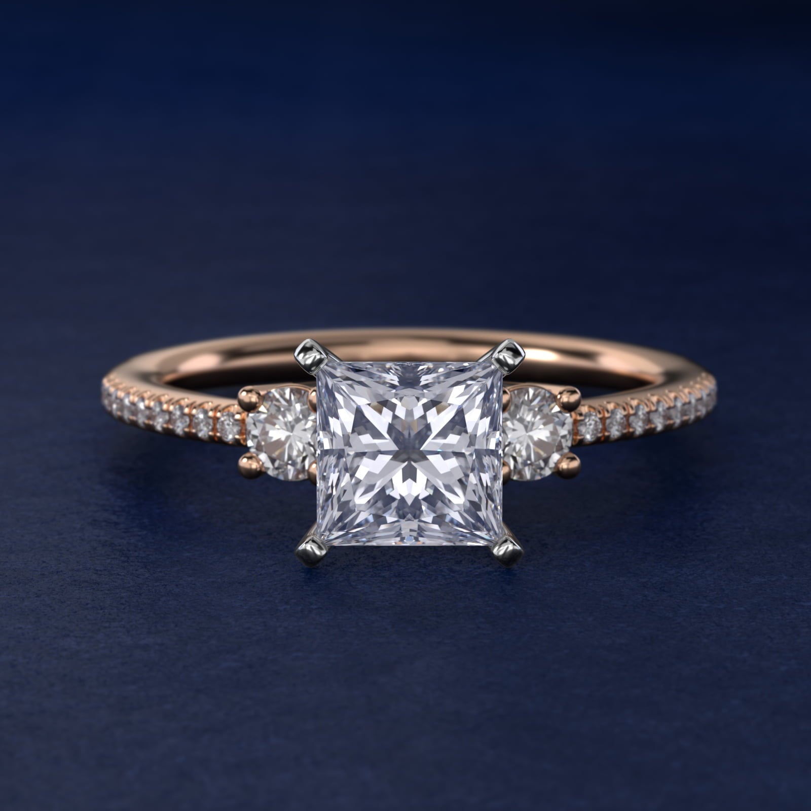 Petite Micropav? Trio Diamond Engagement Ring in 18k Rose Gold (1/5 ct. tw.) - Princess Center