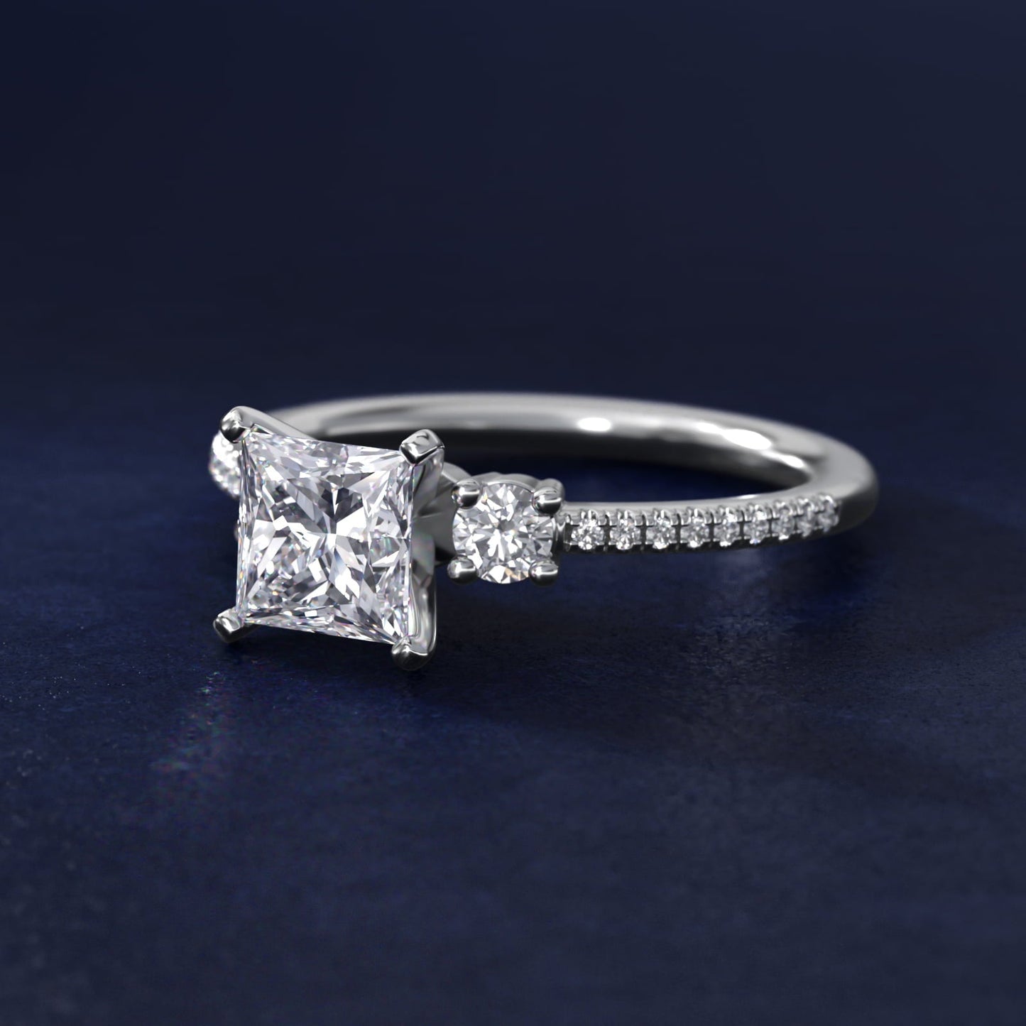 Petite Micropav? Trio Diamond Engagement Ring in 18k White Gold (1/5 ct. tw.) - Princess Center