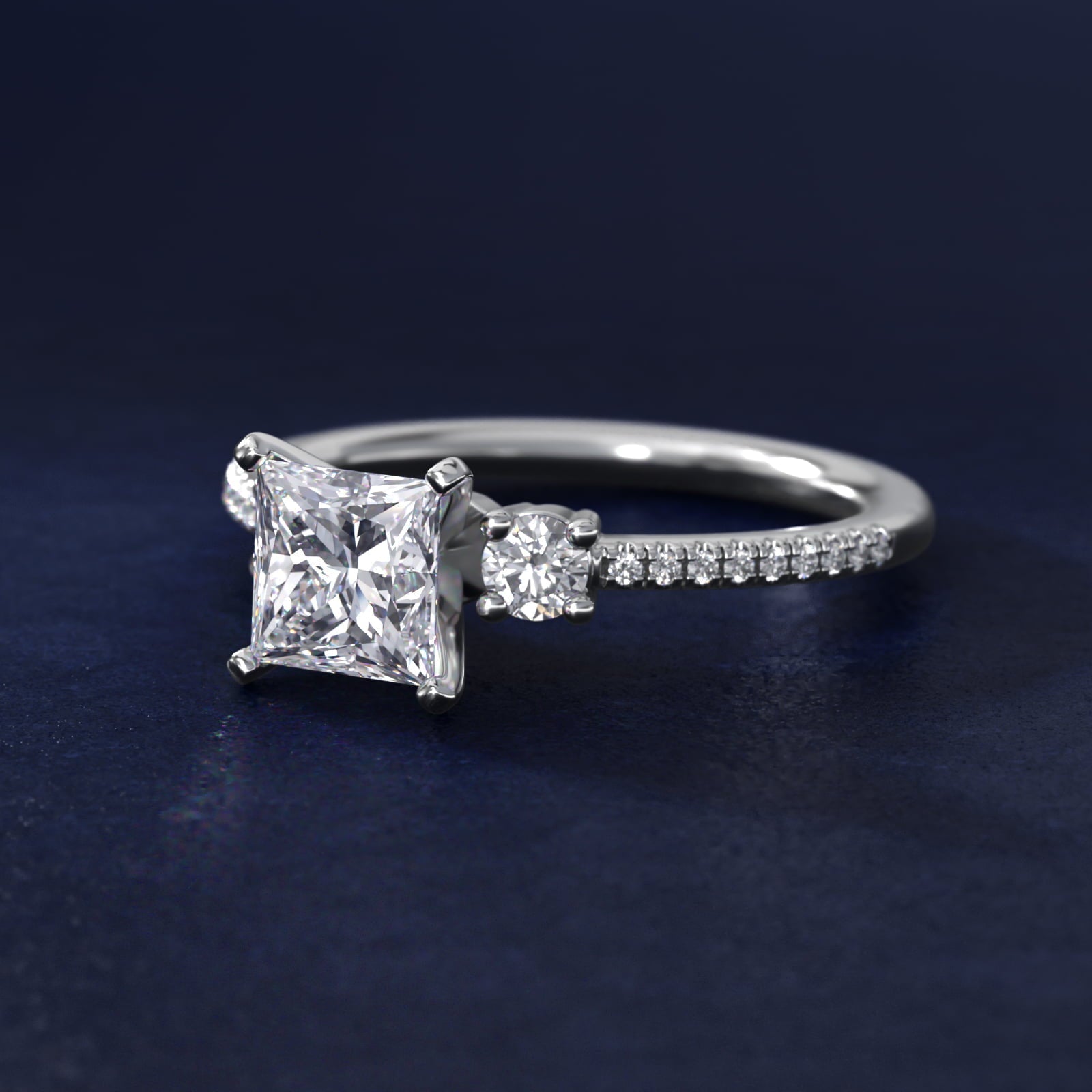 Petite Micropav? Trio Diamond Engagement Ring in 18k White Gold (1/5 ct. tw.) - Princess Center
