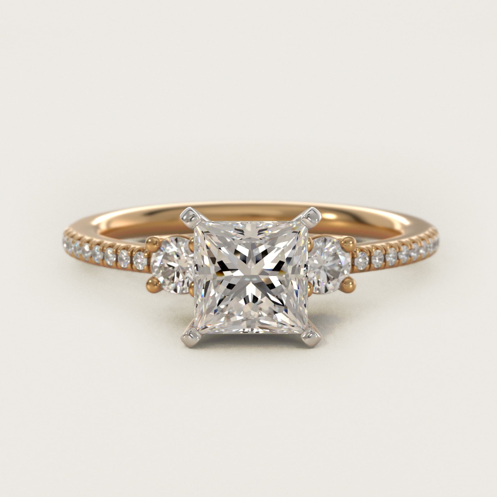 Petite MicropavŽ Trio Diamond Engagement Ring in 14K Yellow Gold (1/5 ct. tw.) - Princess Center