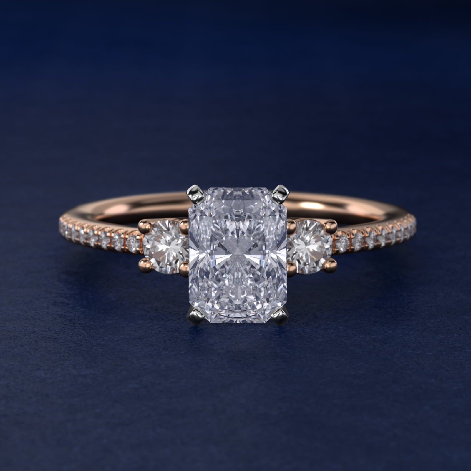 Petite MicropavŽ Trio Diamond Engagement Ring in 14k Rose Gold (1/5 ct. tw.) - Radiant Center