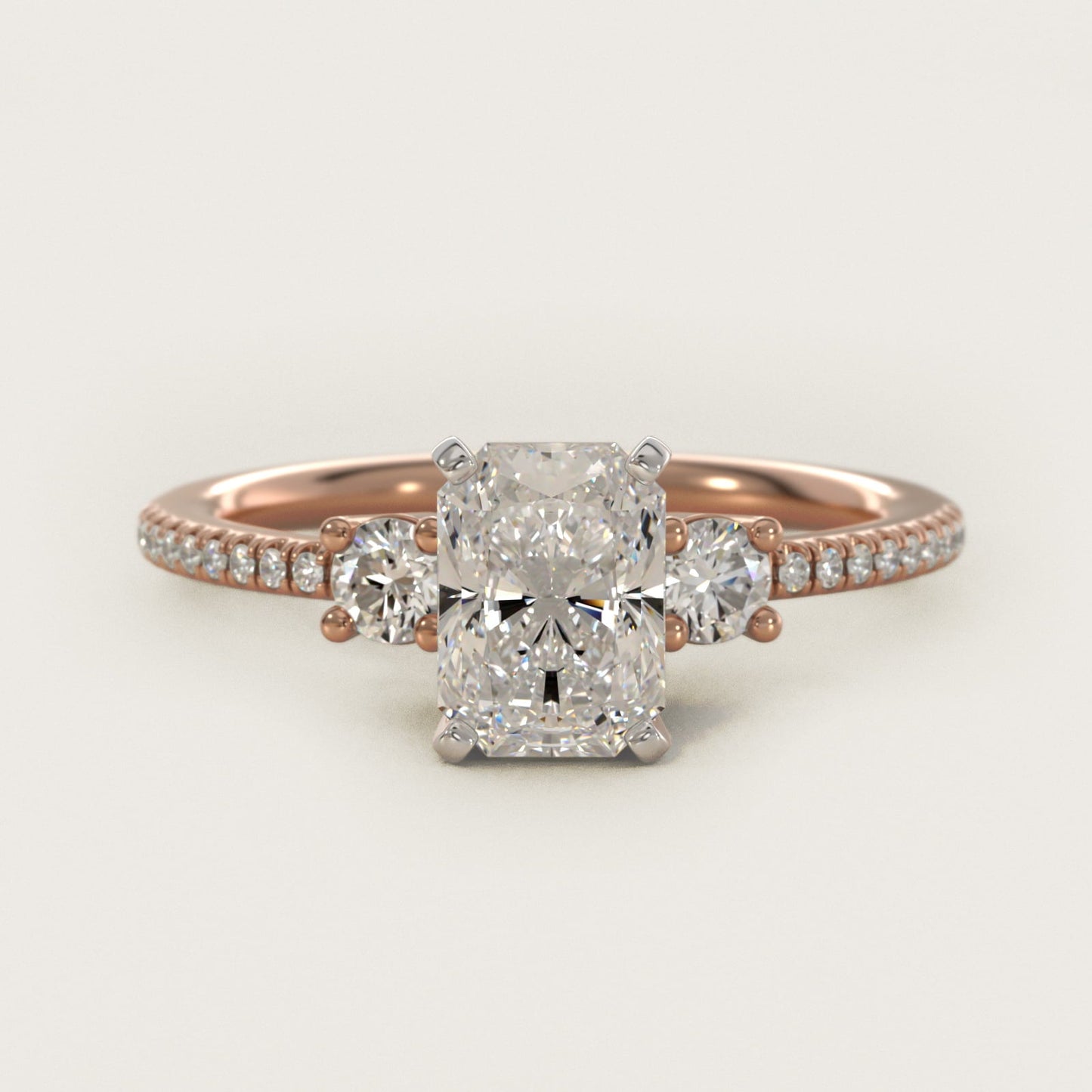 Petite Micropav? Trio Diamond Engagement Ring in 18k Rose Gold (1/5 ct. tw.) - Radiant Center