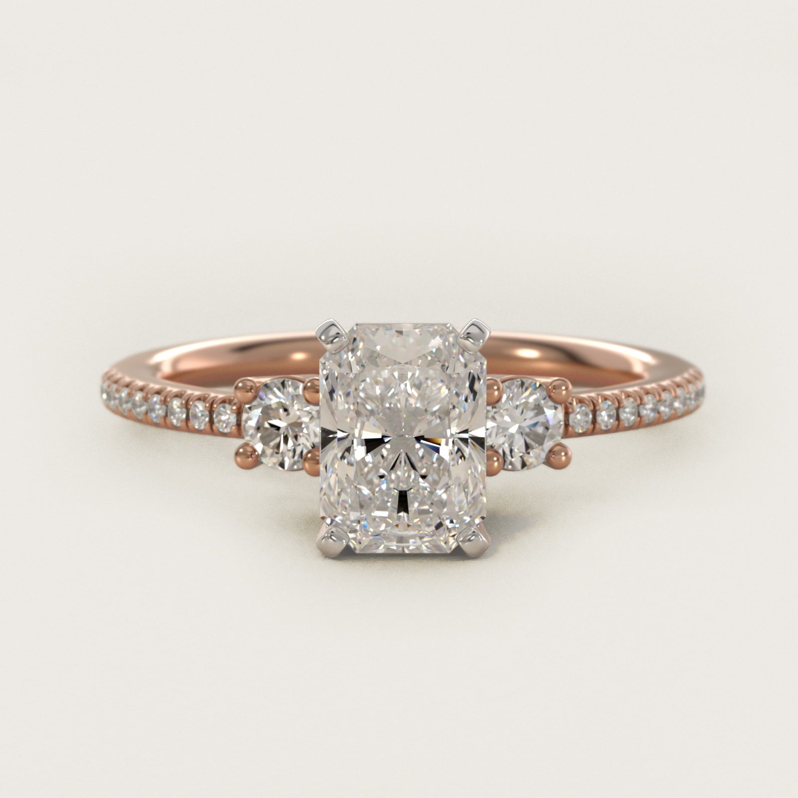 Petite Micropav? Trio Diamond Engagement Ring in 18k Rose Gold (1/5 ct. tw.) - Radiant Center