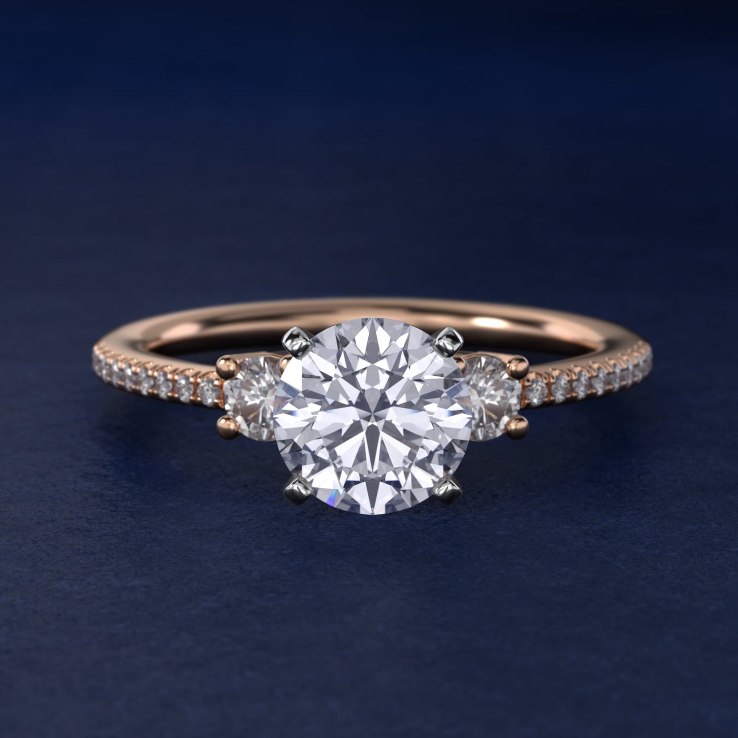 Petite Micropav? Trio Diamond Engagement Ring in 18k Rose Gold (1/5 ct. tw.) - Round Center