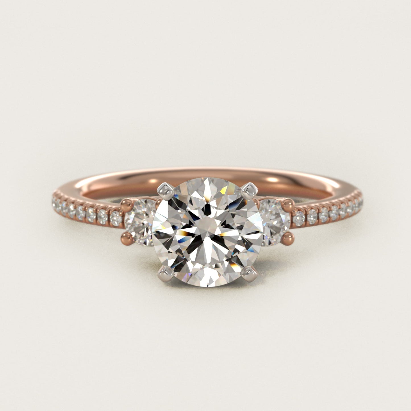 Petite MicropavŽ Trio Diamond Engagement Ring in 14k Rose Gold (1/5 ct. tw.) - Round Center