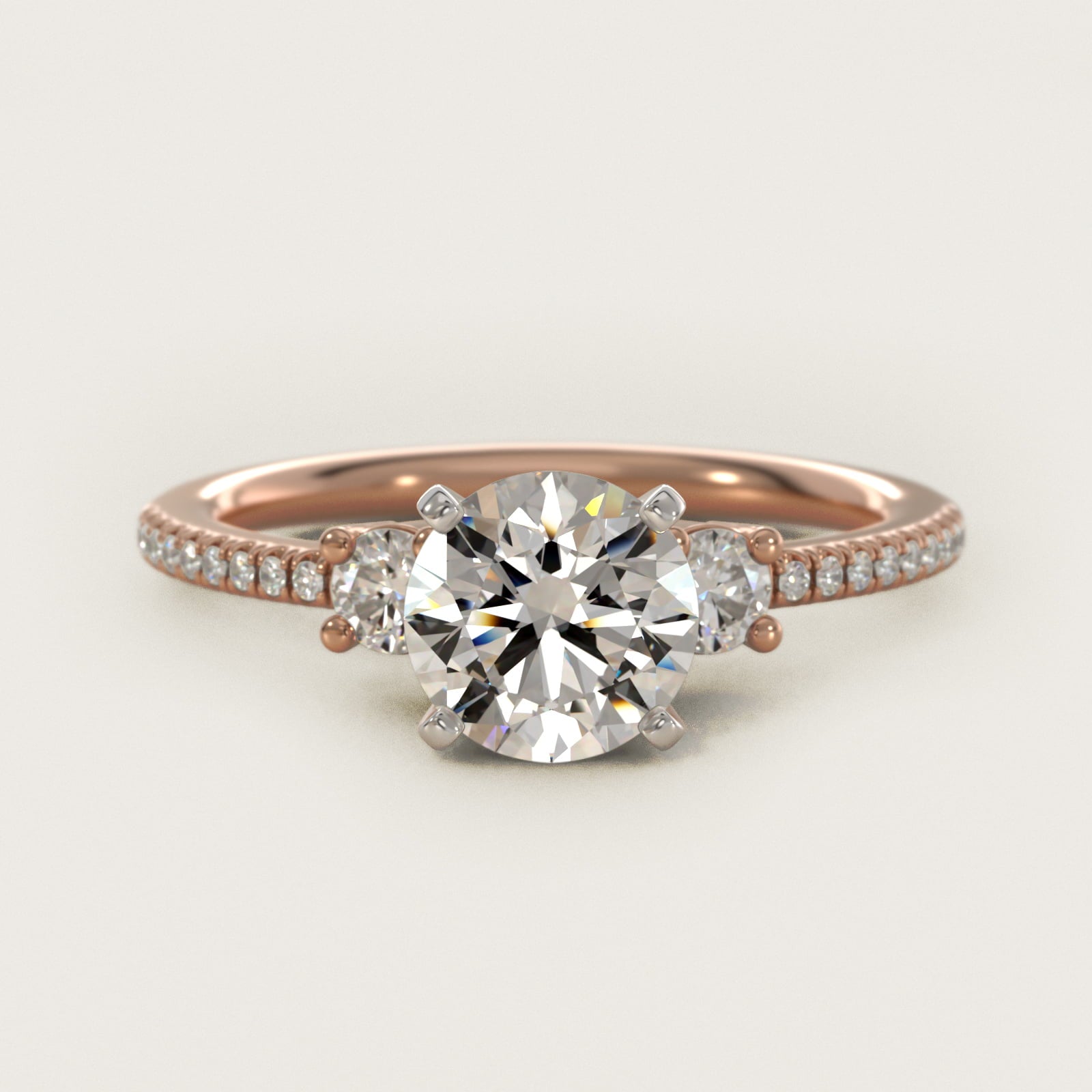 Petite MicropavŽ Trio Diamond Engagement Ring in 14k Rose Gold (1/5 ct. tw.) - Round Center