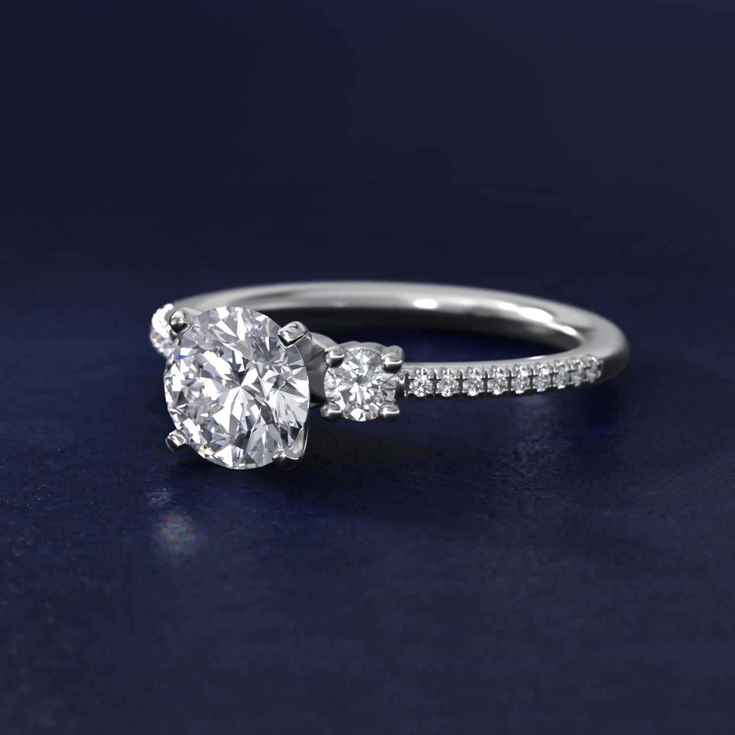 Petite MicropavŽ Trio Diamond Engagement Ring in 14k White Gold (1/5 ct. tw.) - Round Center