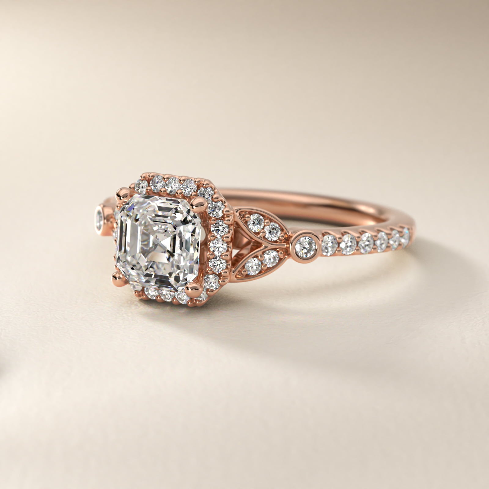 Petite PavŽ Leaf Halo Diamond Engagement Ring in 14k Rose Gold (1/4 ct. tw.) - Asscher Center
