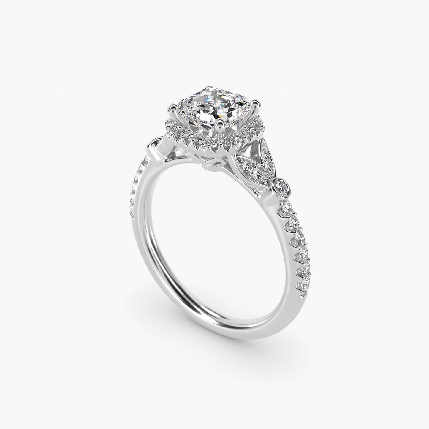 Petite Pav? Leaf Halo Diamond Engagement Ring in 18k White Gold (1/4 ct. tw.) - Asscher Center