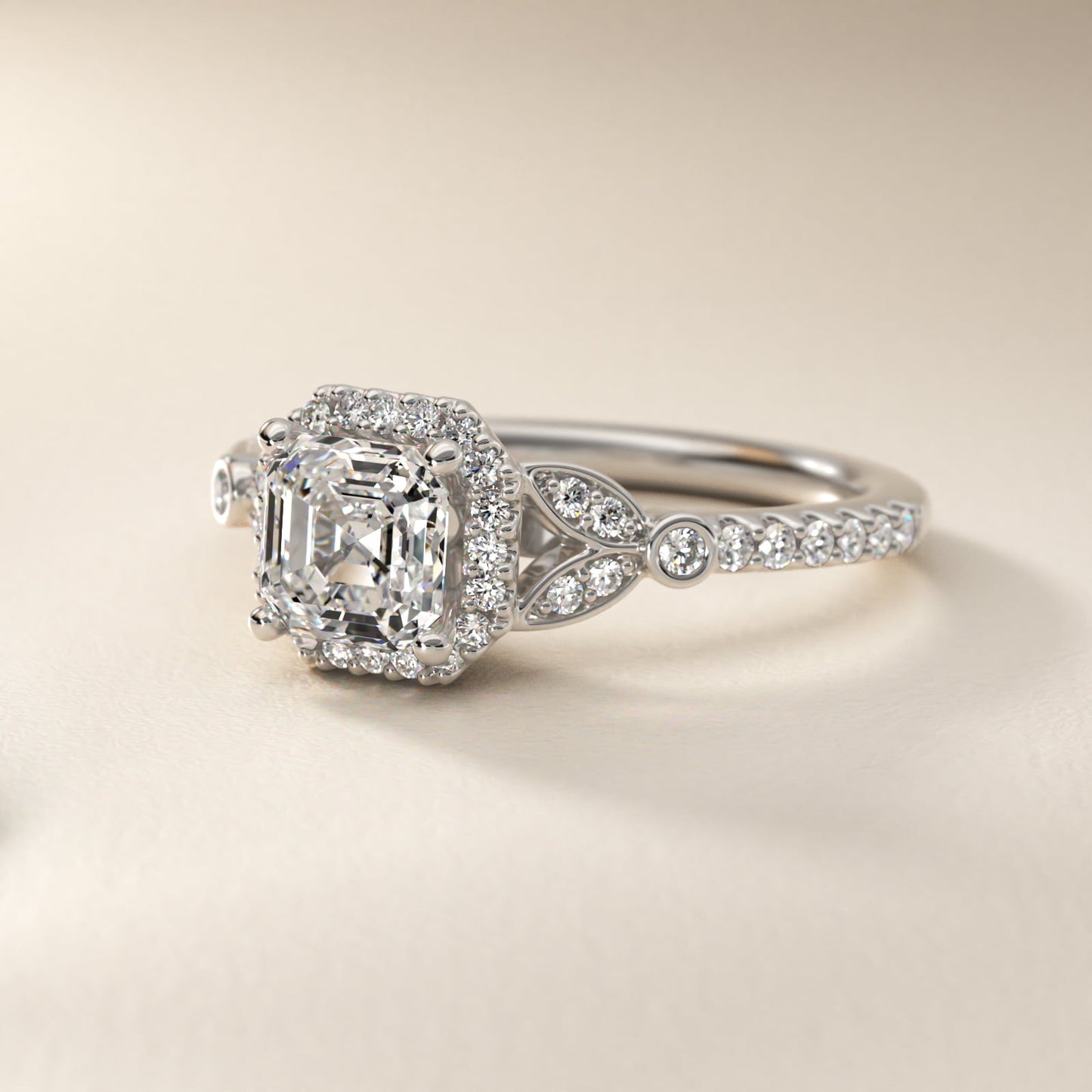Petite Pav? Leaf Halo Diamond Engagement Ring in 18k White Gold (1/4 ct. tw.) - Asscher Center