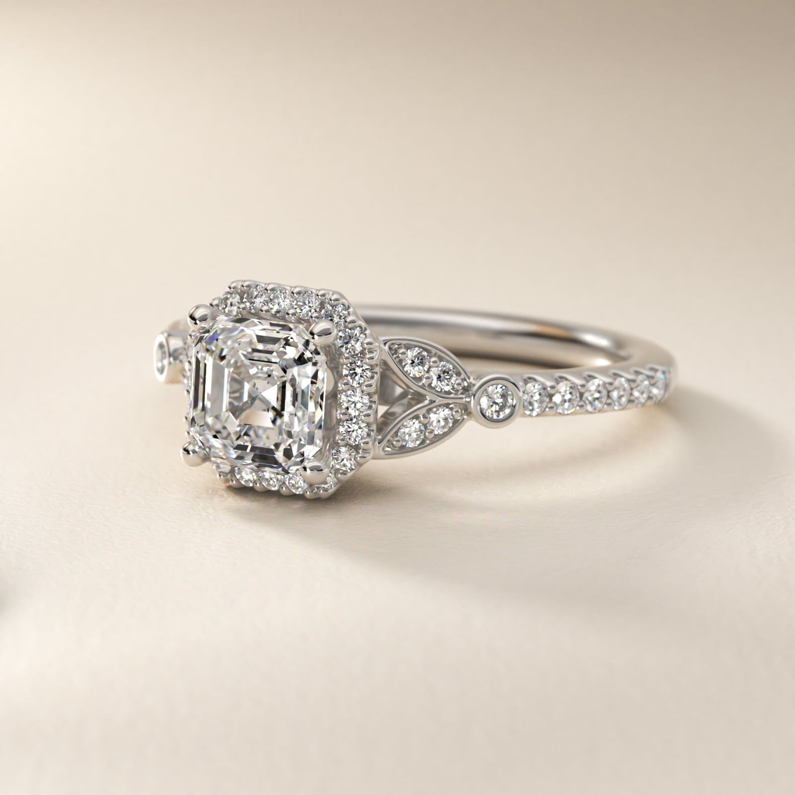 Petite Pav? Leaf Halo Diamond Engagement Ring in 18k White Gold (1/4 ct. tw.) - Asscher Center